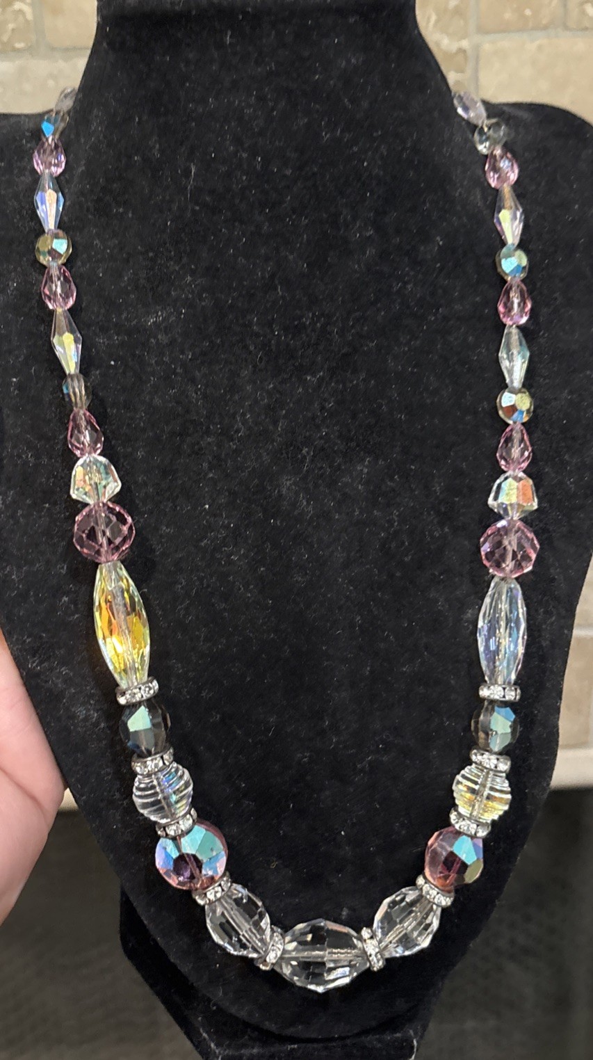Vintage Stunning Pink Clear Ab Crystal Bead Rhinestone Necklace 21”