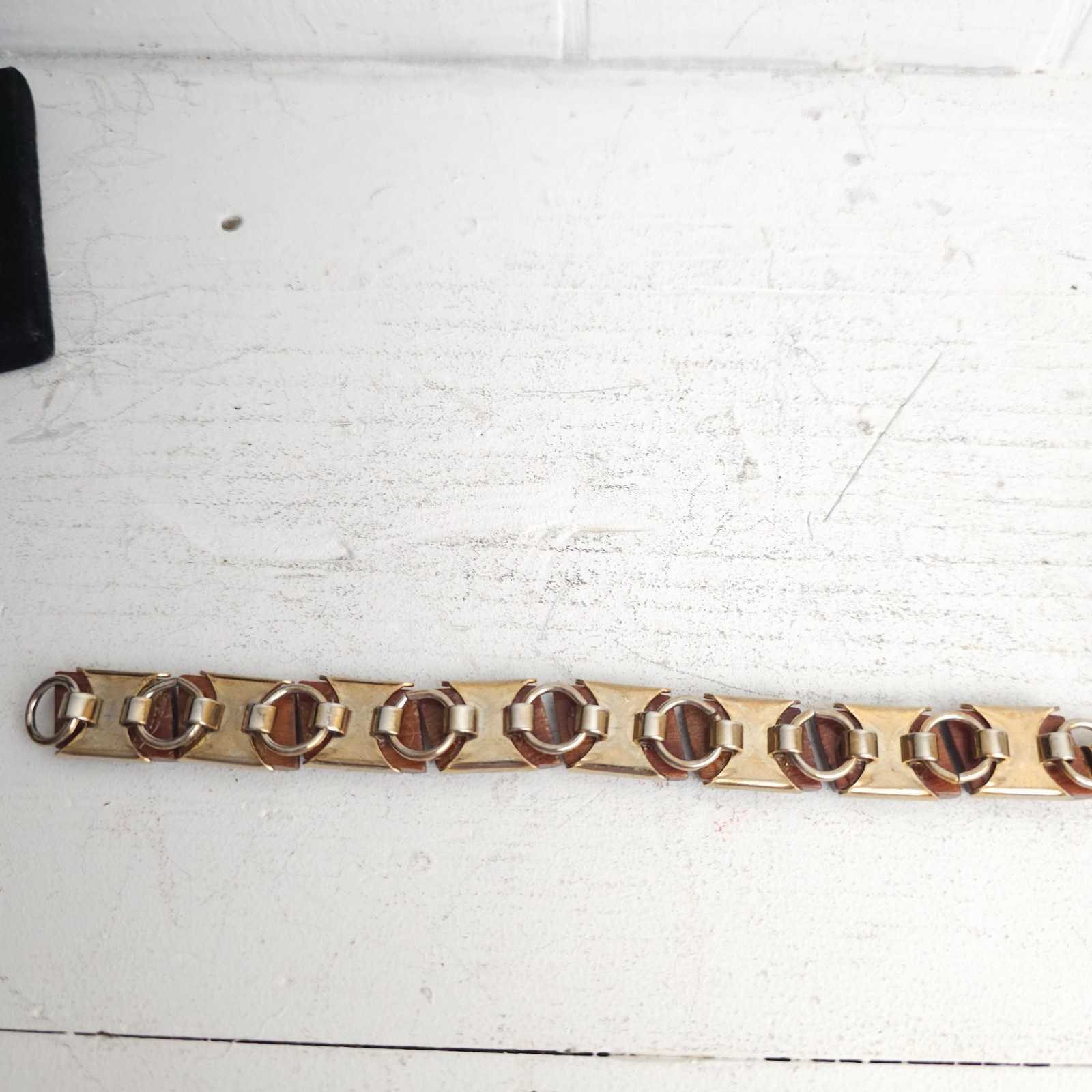 Vtg Modernist MCM Wood Tile Link Bracelet Boho 1960s 70s Earthy Natural Minimal