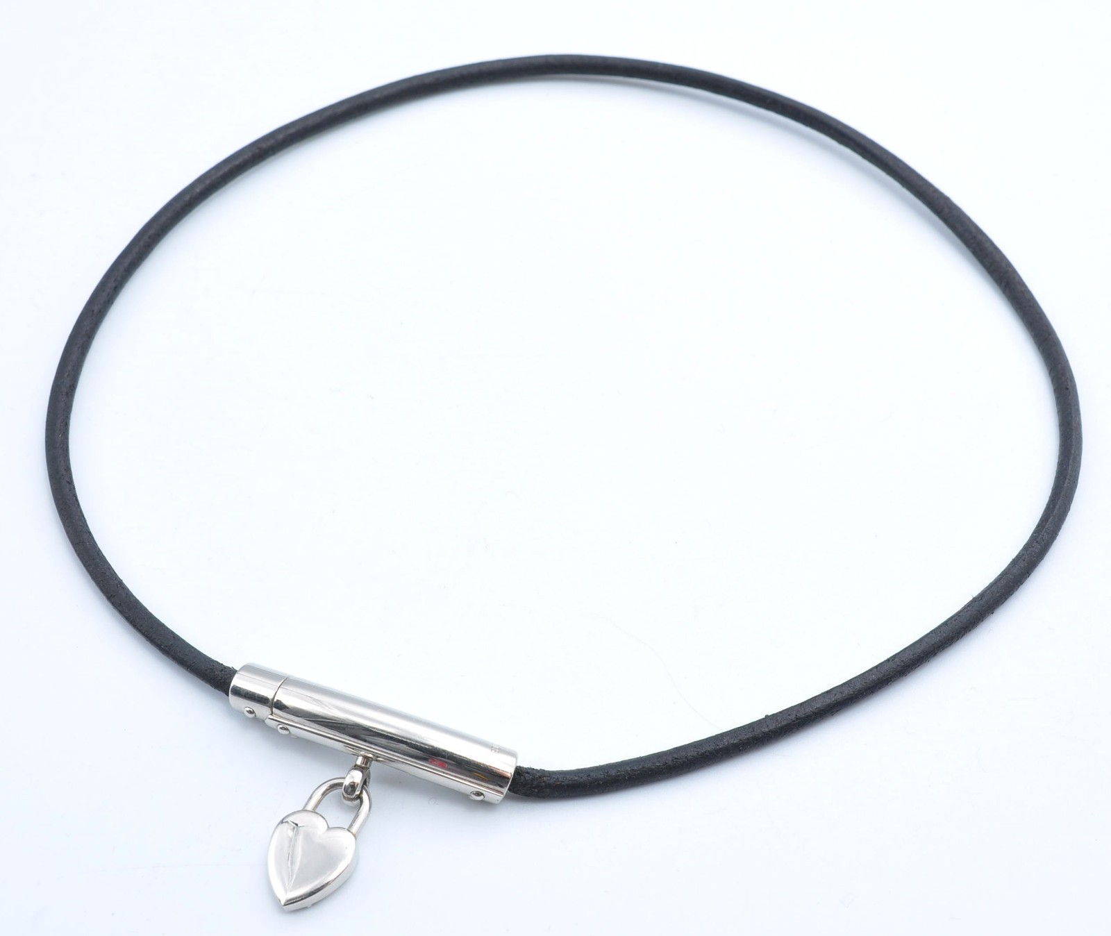 HERMES Heart & Key Pendant Choker Black Leather Cord Silver Tone 11737