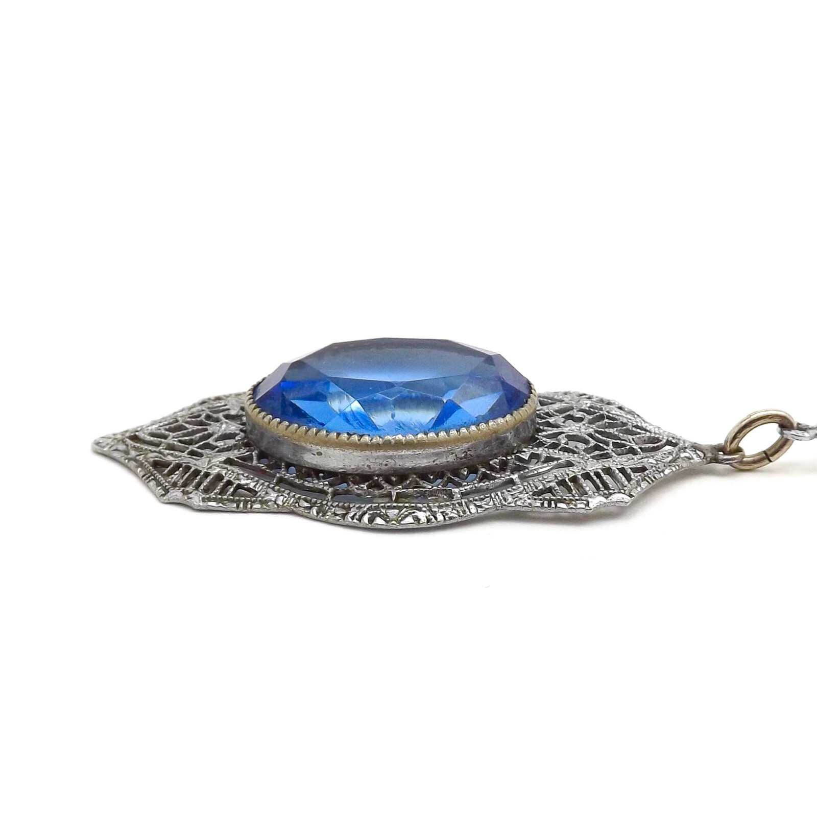 Art Deco Rhodium Blue Glass Pendant Necklace 15 To 17in