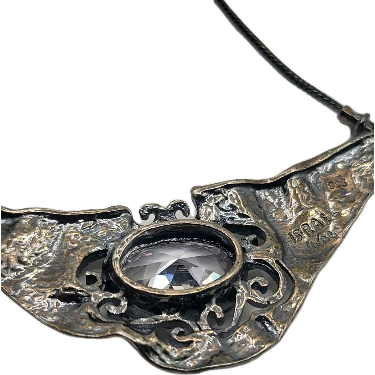 Vtg Signed Israel Didae Sterling Ornate Scroll Necklace Goshenite Beryl Gemstone