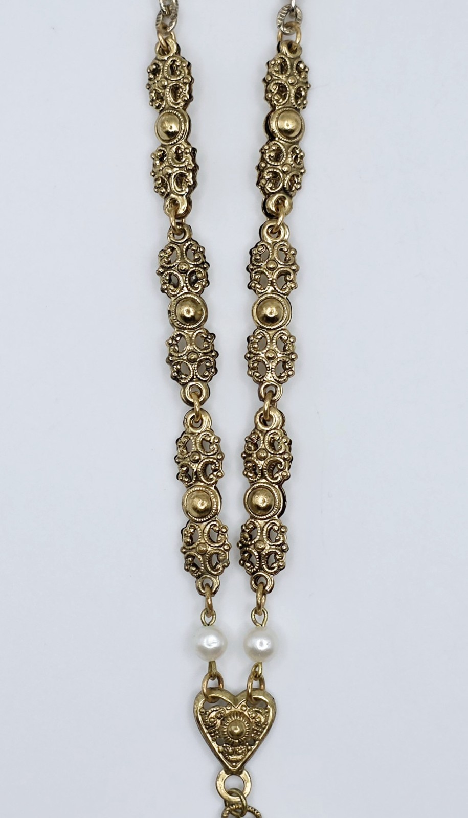 Vtg West Germany Filigree Pendant Necklace Pink Faux Opal Rhinestone Pearl