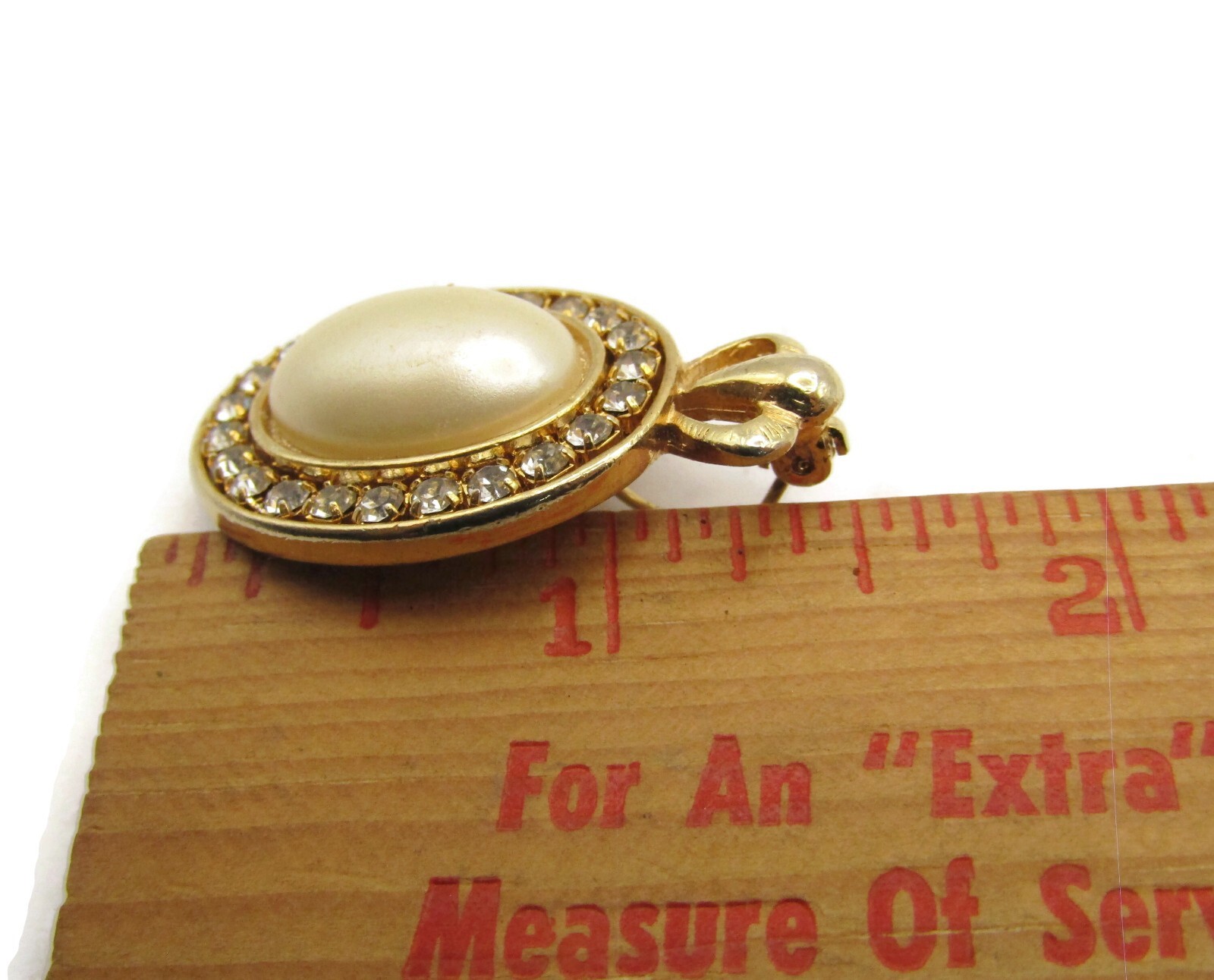 Vintage Crown Bail Pendant Oval Faux Pearl Rhinestone Halo Gold Tone Costume