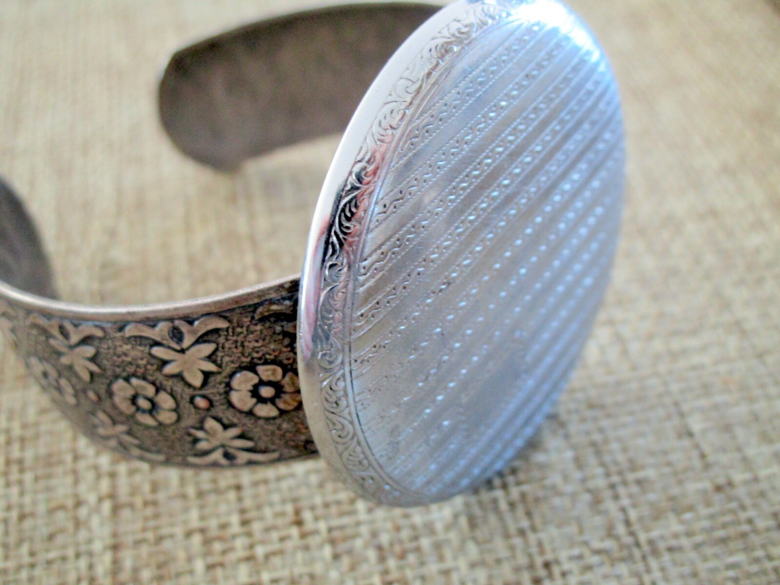 Vintage Pocket Watch Case Cuff Bracelet – Silver tone floral designs