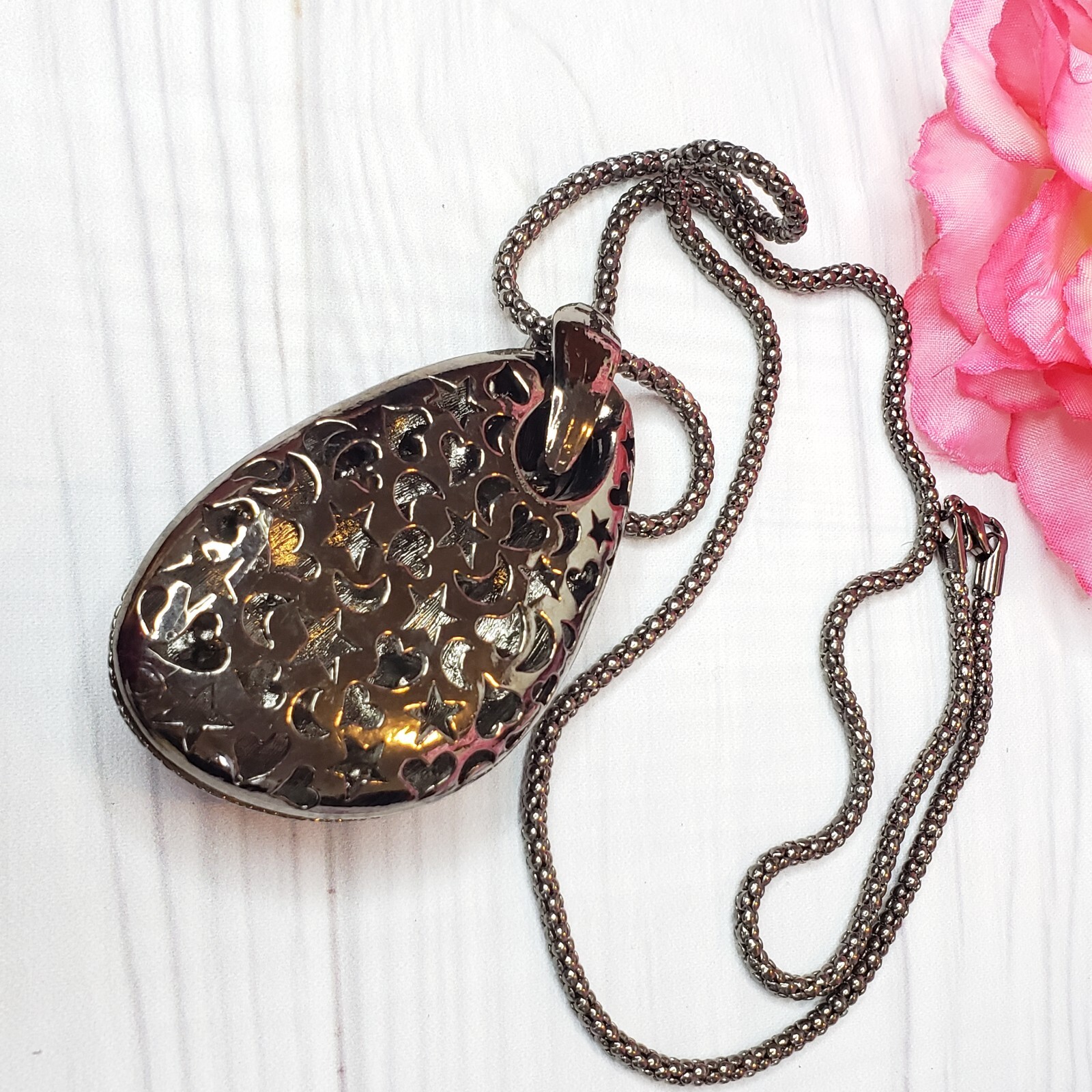 Pink Purple Rhinestone Large Pendant Necklace Gunmetal Tone Chain Statement