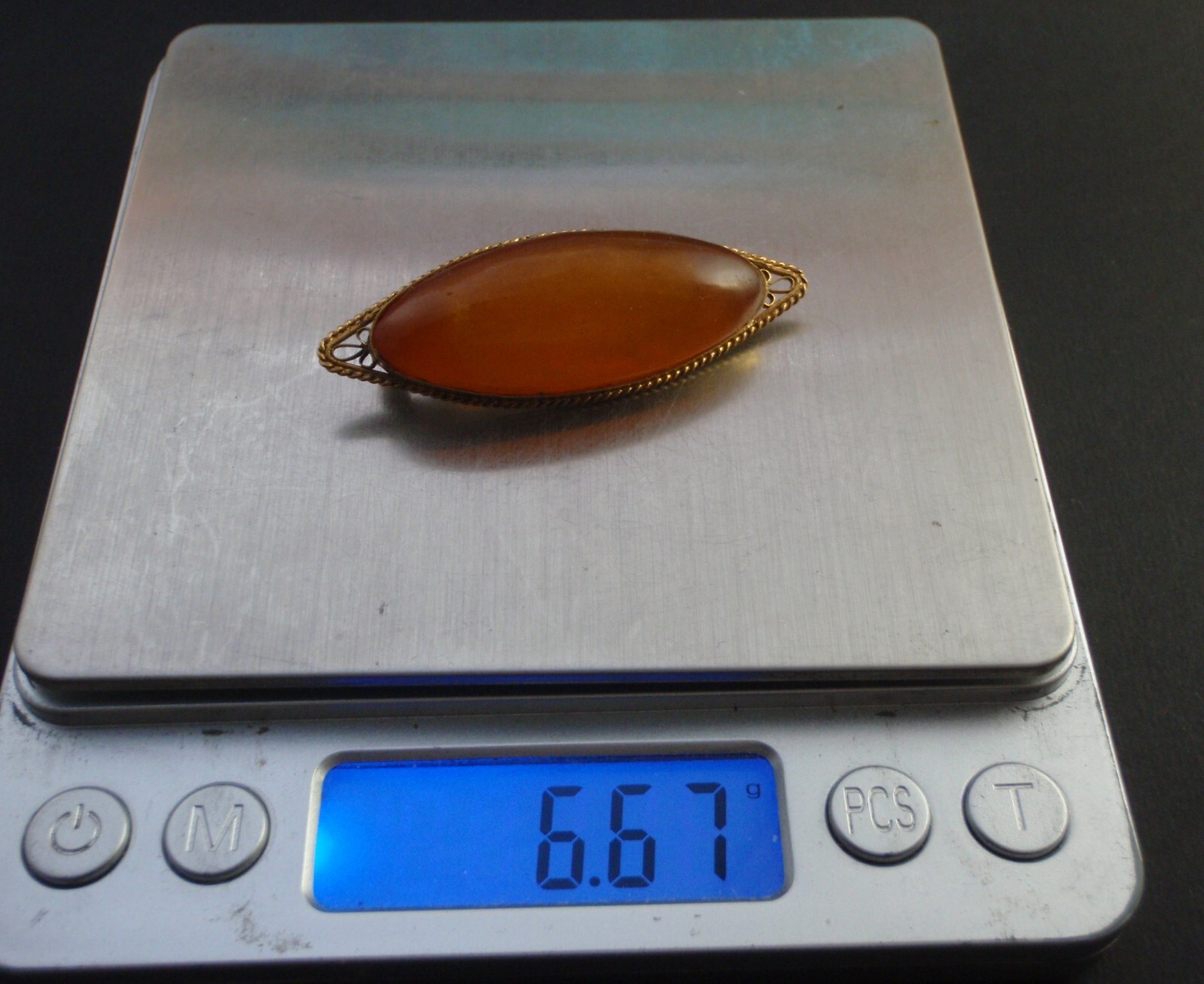 1960 AMBER Vintage Brooch Art Deco Pin Antique Handmade Gold Plated Original 100