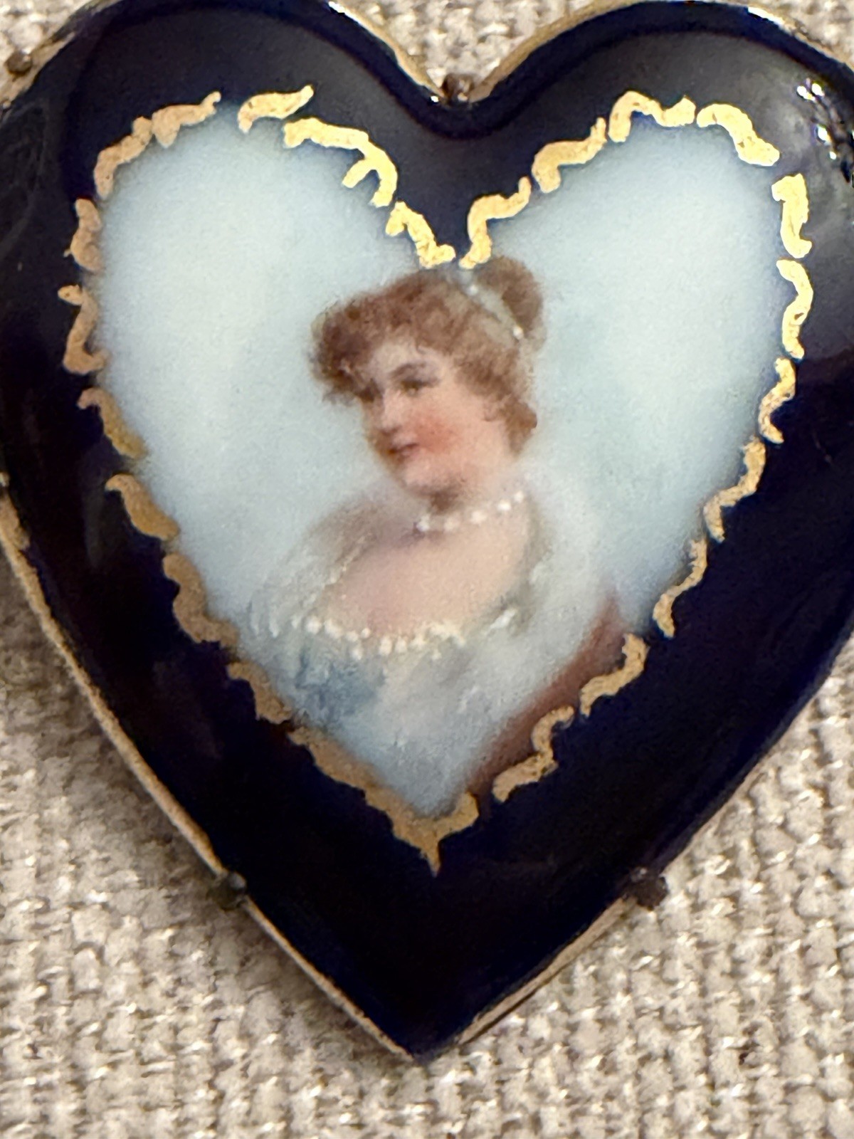 Antique c1890 Portrait Heart Brooch Blue Enamel Hand Painted Accents Art Nouveau