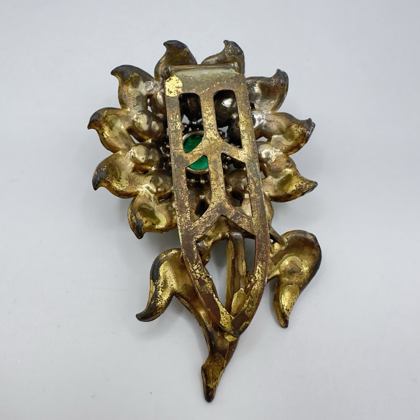 Vintage Pot Metal Dress Clip Flower Gold Tone Green Rhinestones 3″