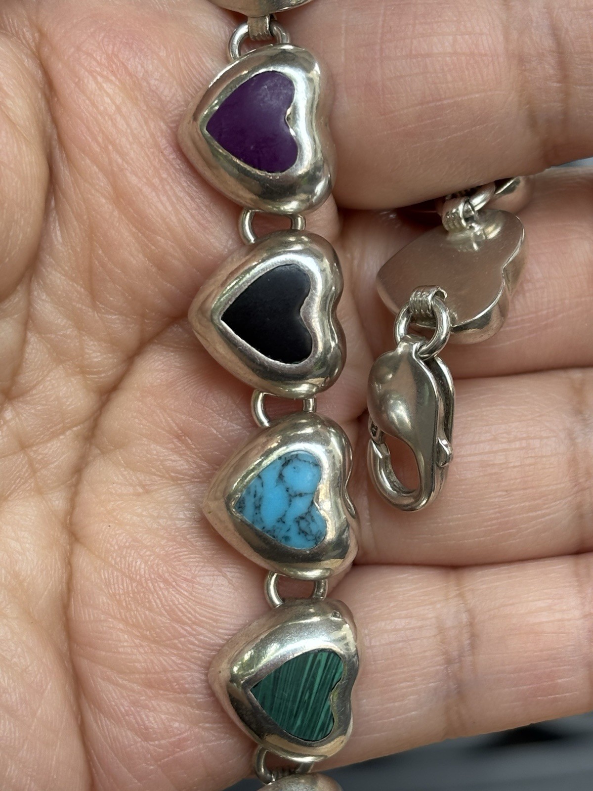 Vintage 935 Silver Multi Gemstone Heart Bracelet 7.5”