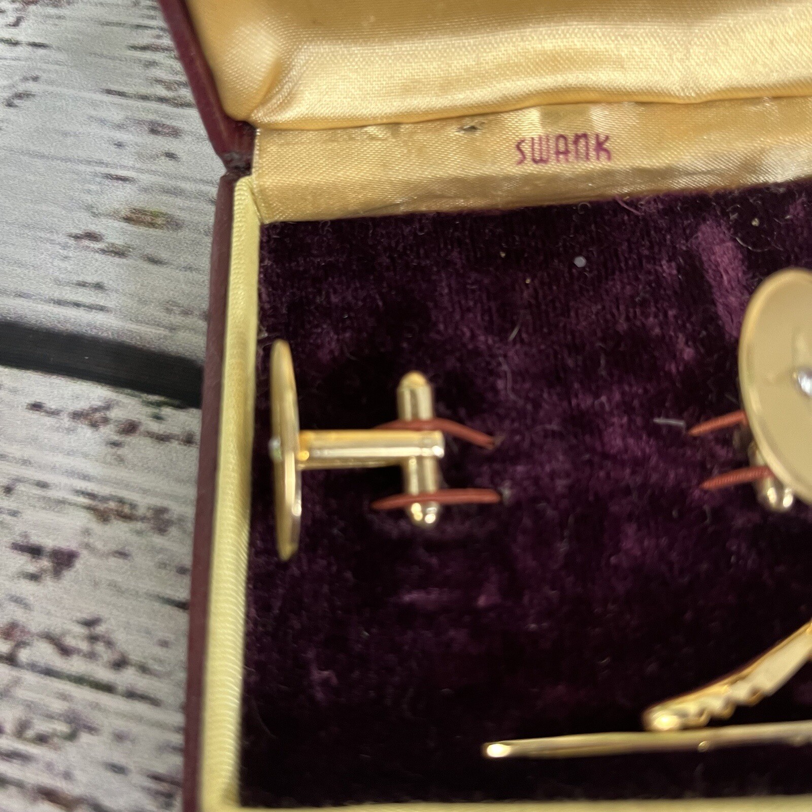Swank Vintage Brushed Gold Faux Diamonds Mens Cufflinks & Tie Clip w/ Box