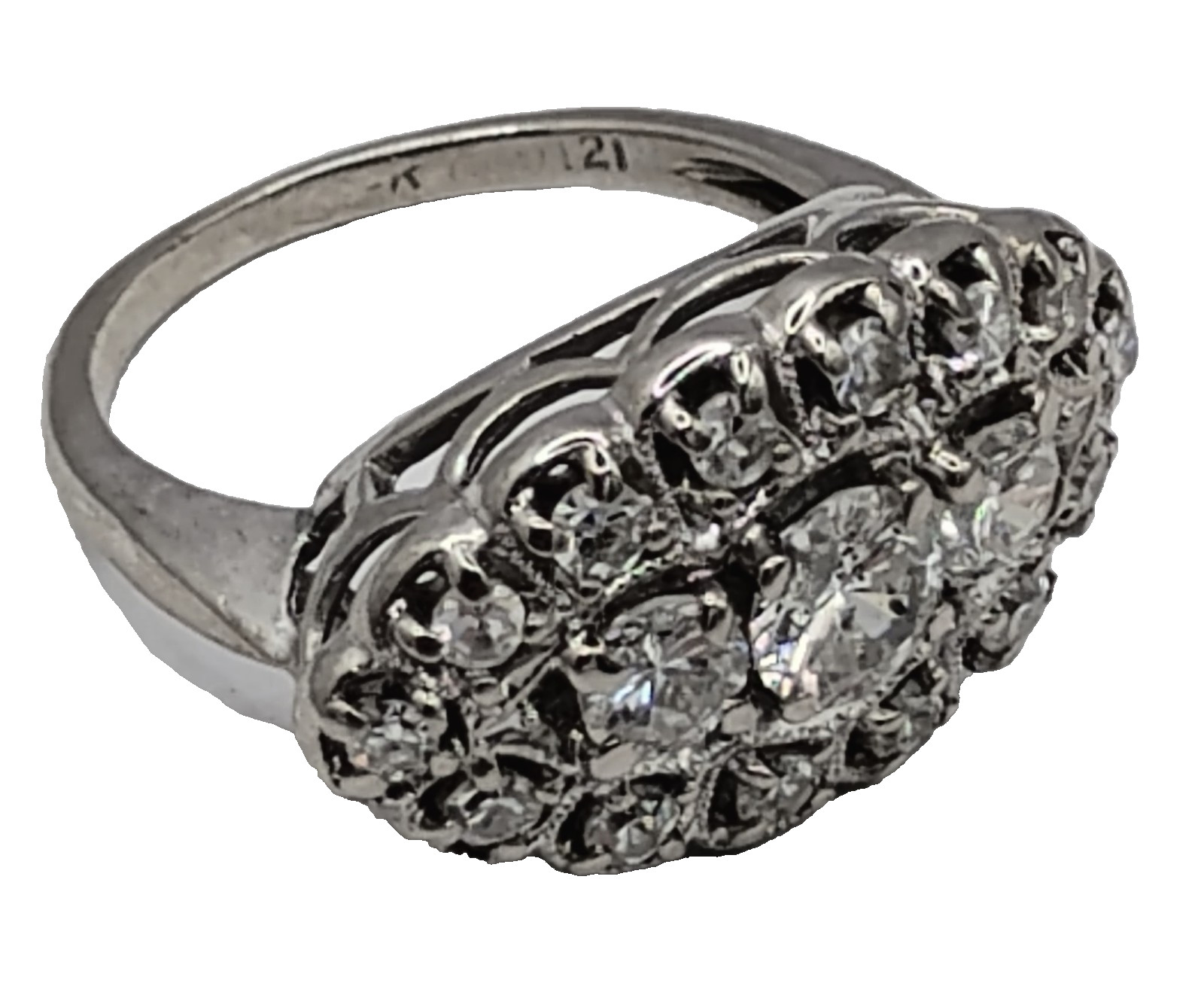 $7,500 1.00ctw ANTIQUE 3-STONE HALO WOMANS 14K WHITE GOLD THREE ROW DIAMOND RING