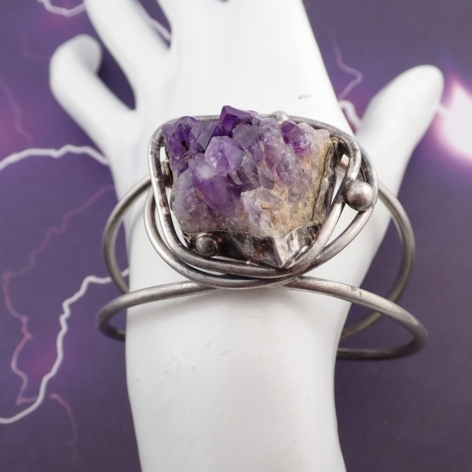 Vtg Sterling Silver Natural Amethyst Geode Crystal 7″ Cuff 41.9 gr Bracelet
