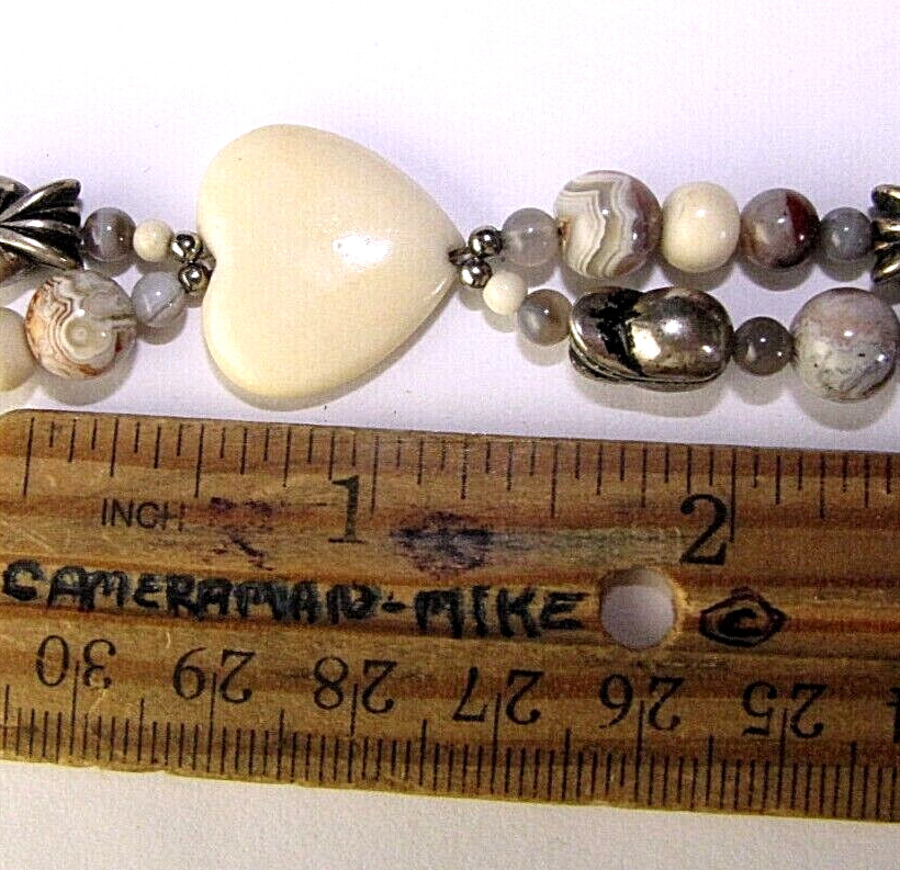 Beaded Bracelet Vintage Sterling Silver Stone Heart & Round Beads 8.5″ Long