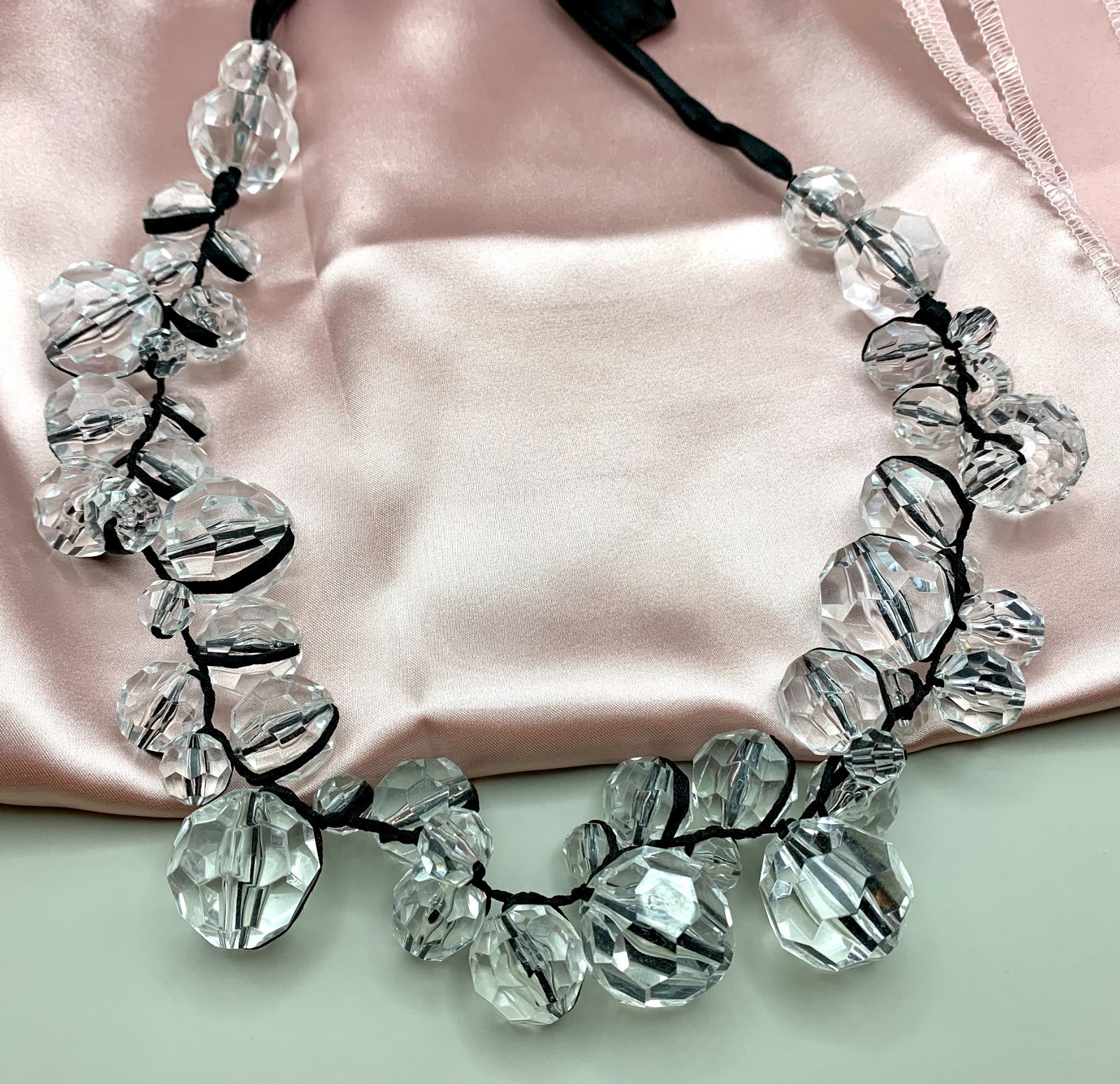 Faceted Clear Acrylic Beaded Cluster Necklace Black Satin Ribbon Statement Long