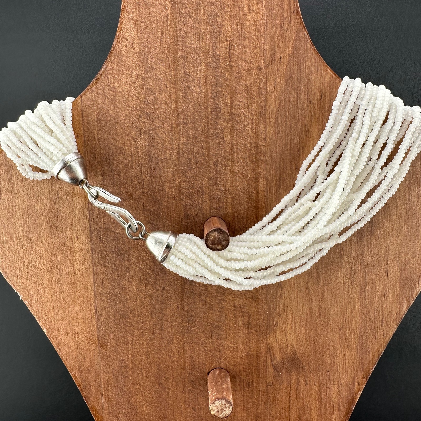 Vintage Seed Bead Opalite Necklace Multi Strand Large Oval Station Pendant 17″
