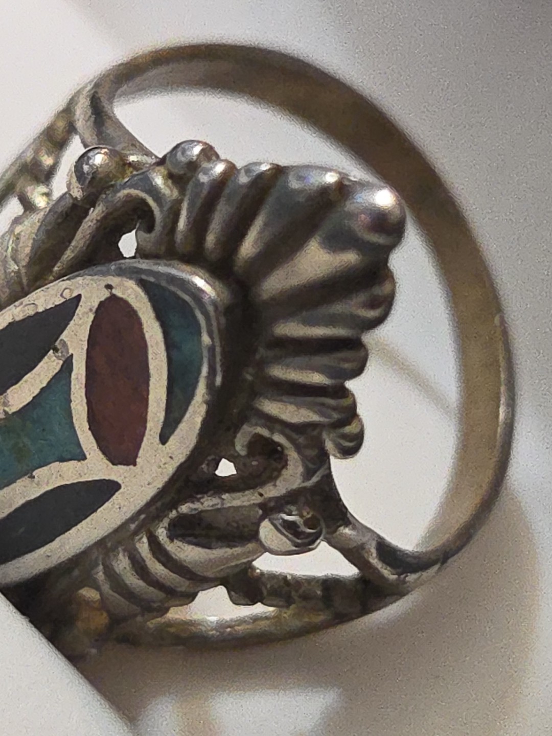 Vtg Artisan Silver Southwestern Turquoise Onyx Coral Chip Inlay Sz 7.5 Ring W76