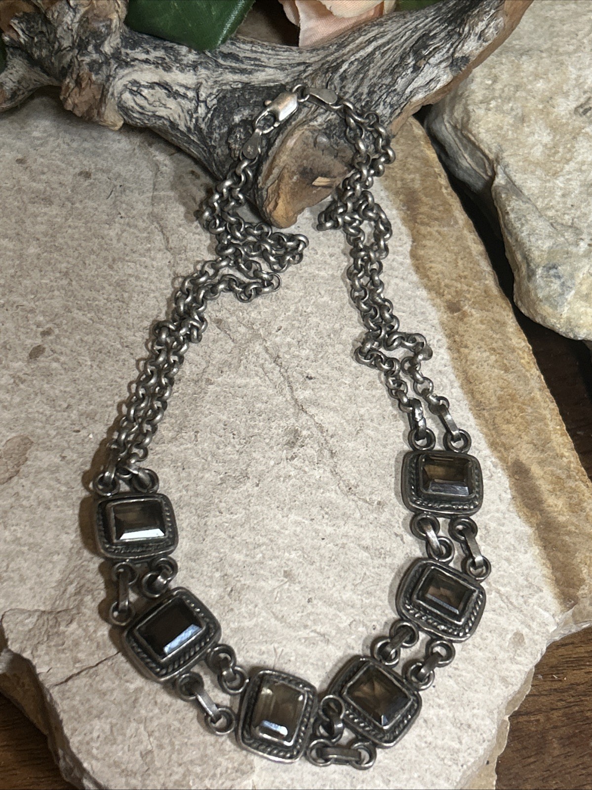 46. 925 Sterling Smoky Quartz Linked Double Strand Rolo Necklace 15 1/2″, 37.1g