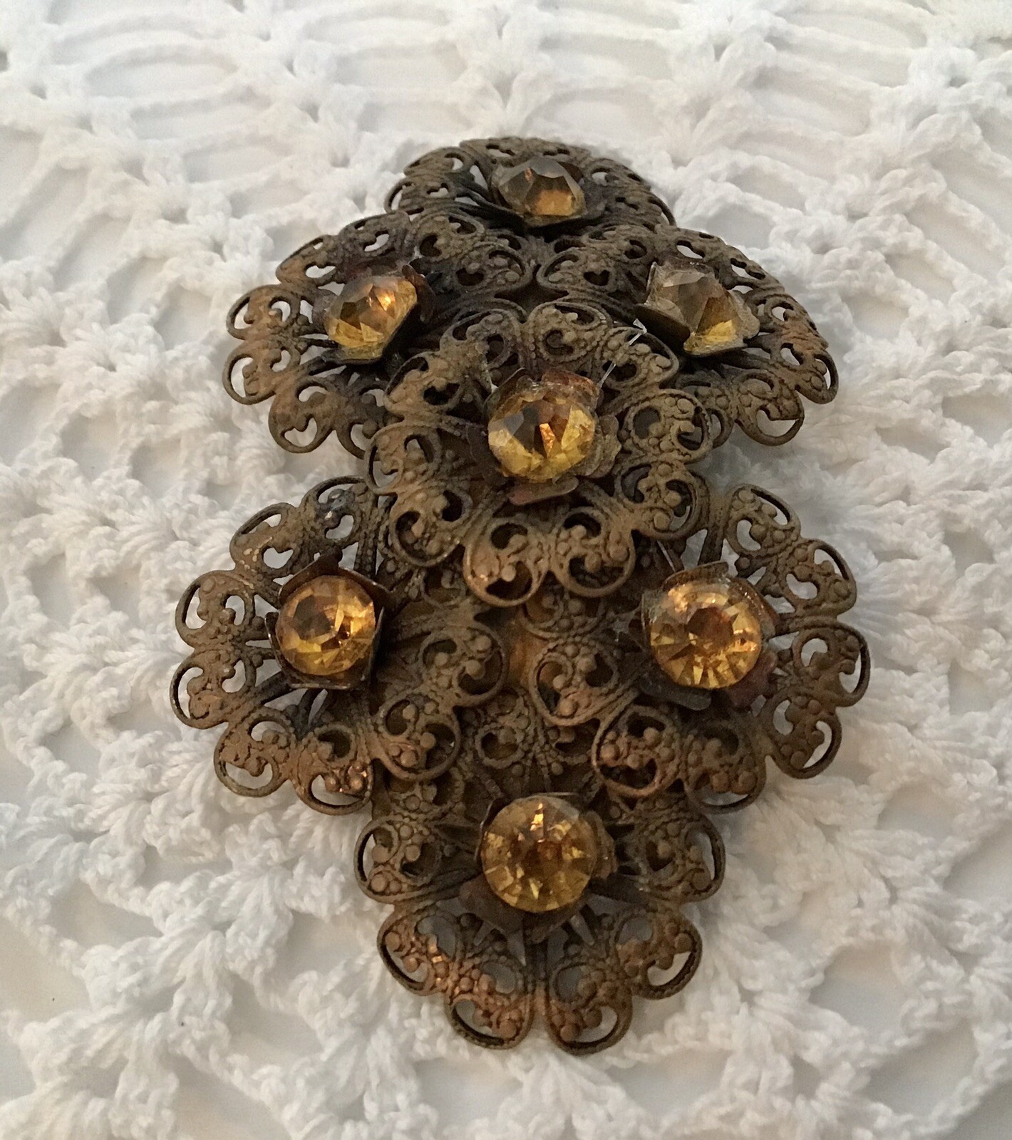 Antique Fillagree Gold Colored Metal Brooch 2 Amber Rhinestones 1/2” X 1 1/2”