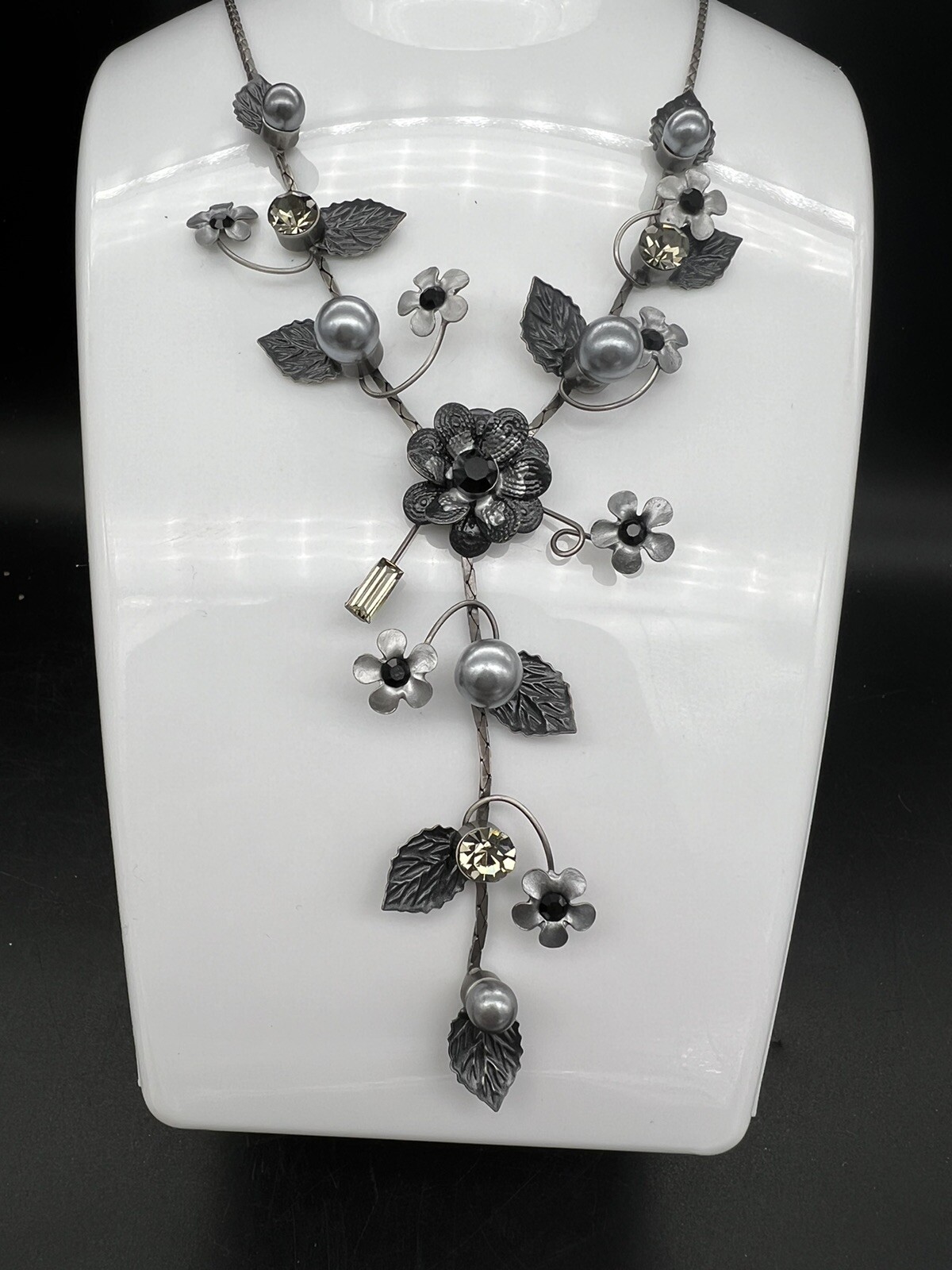 Vintage Sterling Silver, Faux Gray Pearl And Crystal Necklace, Black Flowers