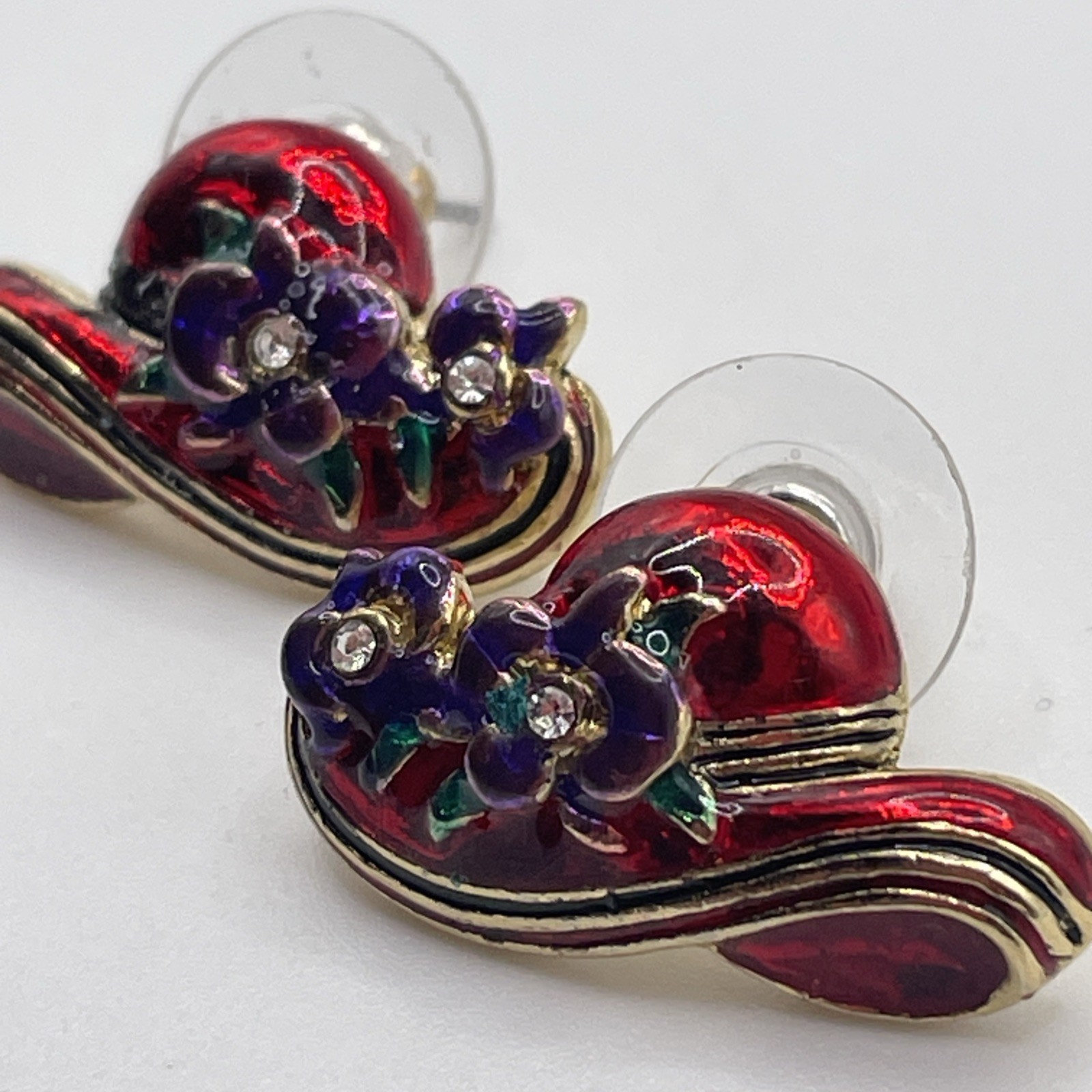 Earrings Vintage Red Hat Rhinestones Metal Gold Tone Stud Pierced Jewelry