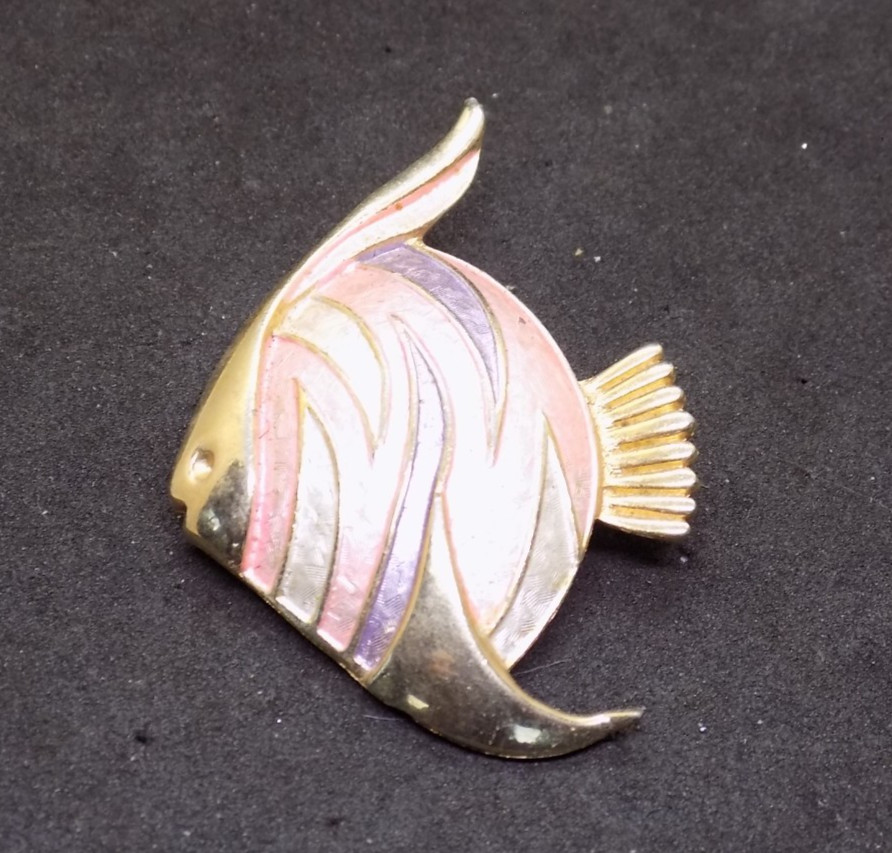 Elegant Vintage Angel Fish Brooch with Enamel Finish and Gold Accents (535)