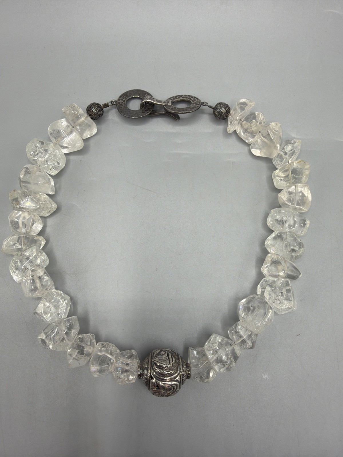 JBB 925 STERLING SILVER, Clear QUARTZ And Bead PENDANT CHOKER NECKLACE 16”