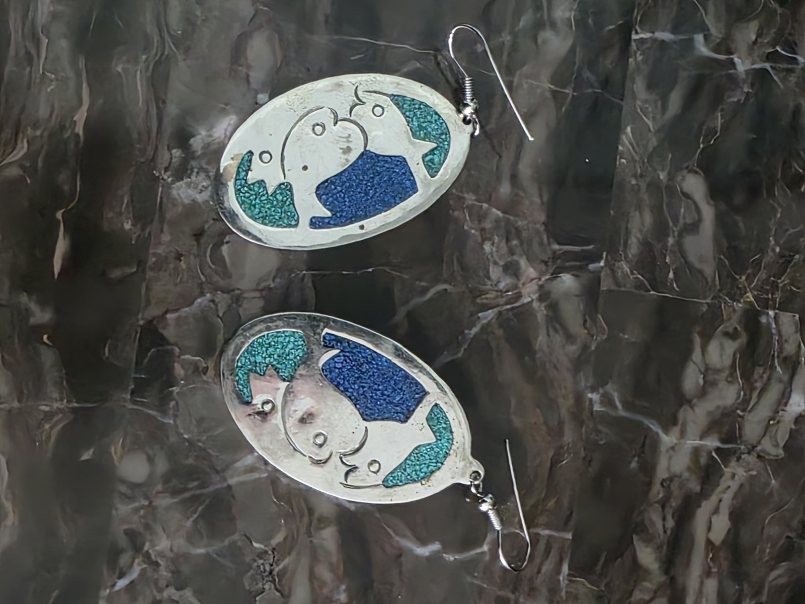 Alpaca Silver Earrings Crushed Turquoise Lapis Manatee Fish Hook