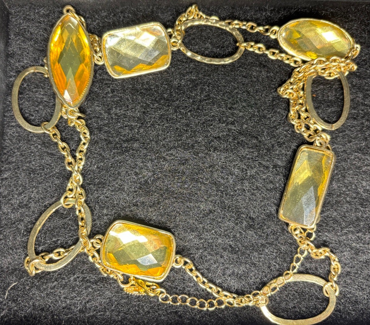 Vintage Necklace Faceted Acrylic VCLM Brown Yellow Green Stone 38” Metal