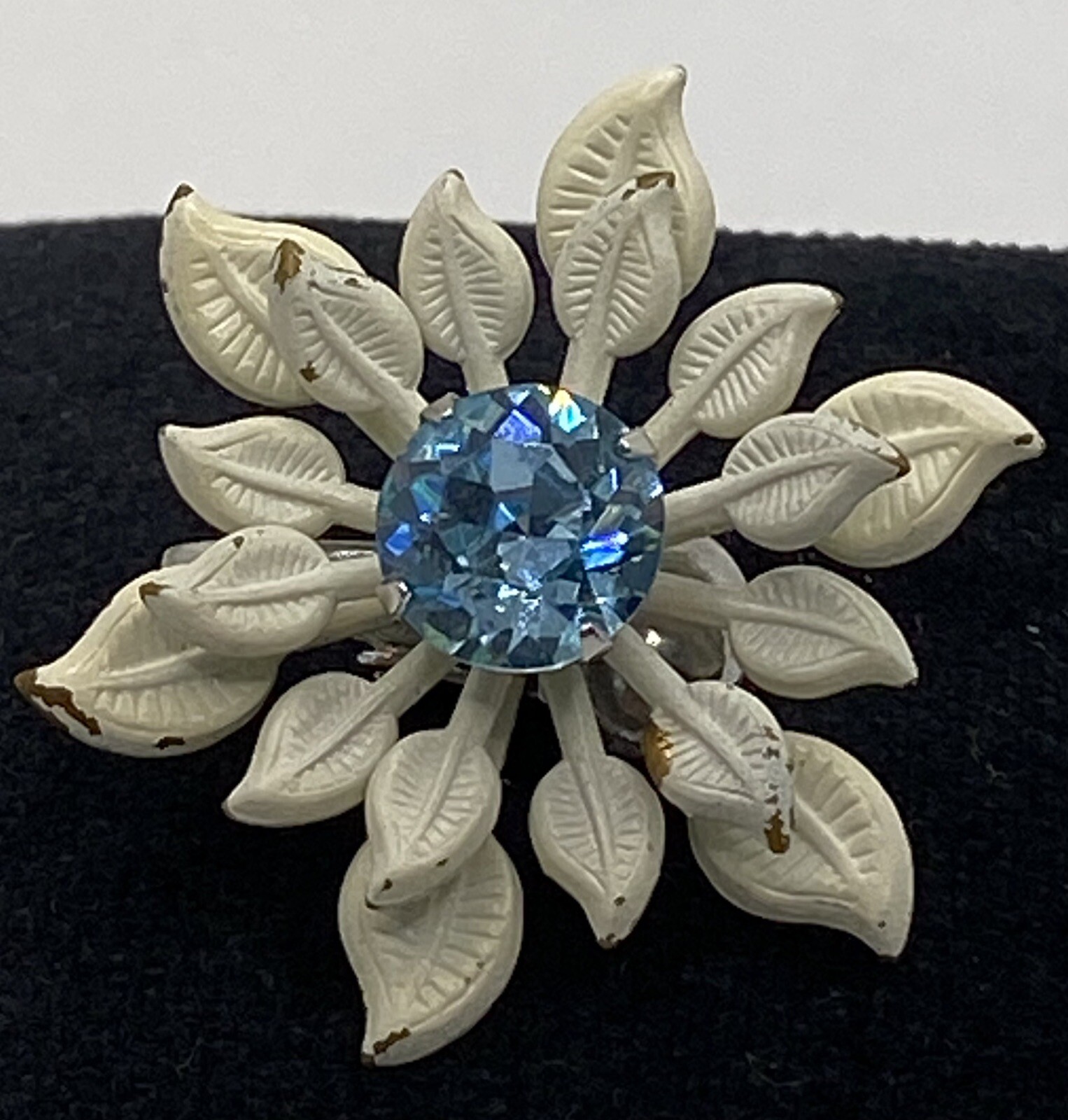 Vintage White Enamel Blue Topaz Rhinestone Flower Brooch & Clip-on Earring Set