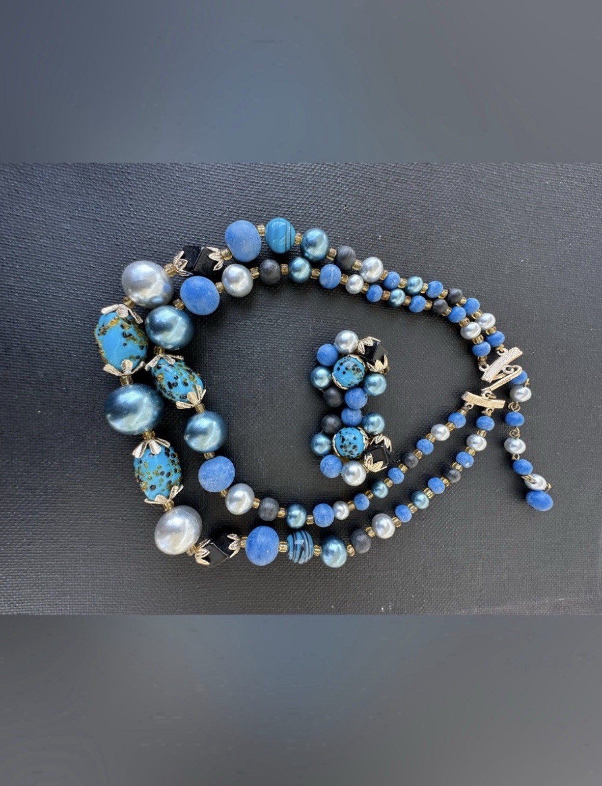 Vintage Japan Beaded Necklace and Clip On Earrings Set -8 inch-16inch