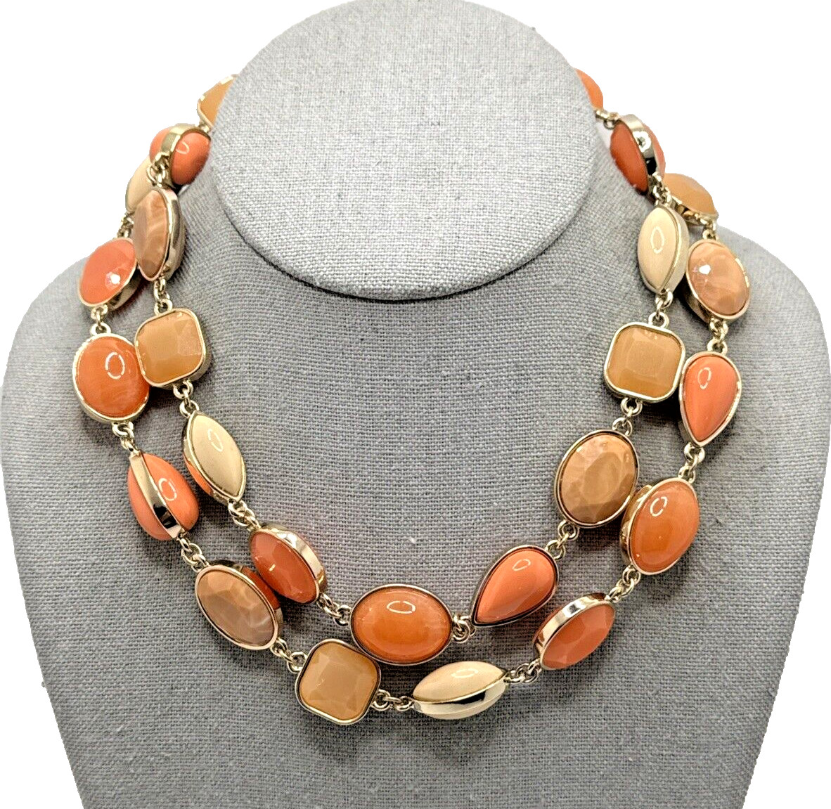 NWT TALBOTS Statement Necklace Peach Orange Tan Gold Tone Links 36-38″ Long NOS