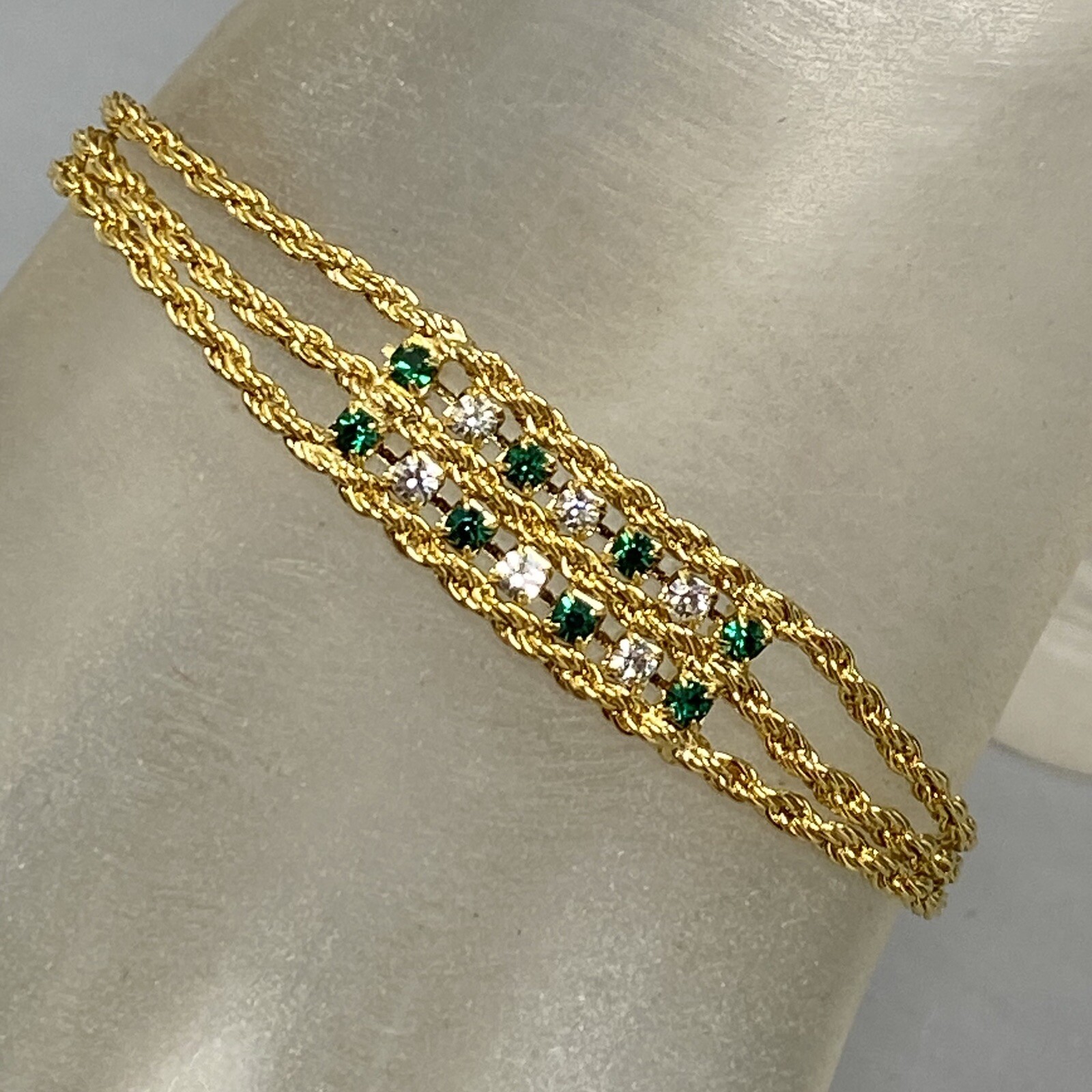 Rope Chain Tennis Bracelet Pair Gold Tone White Green Red Rhinestones 7-7.5″