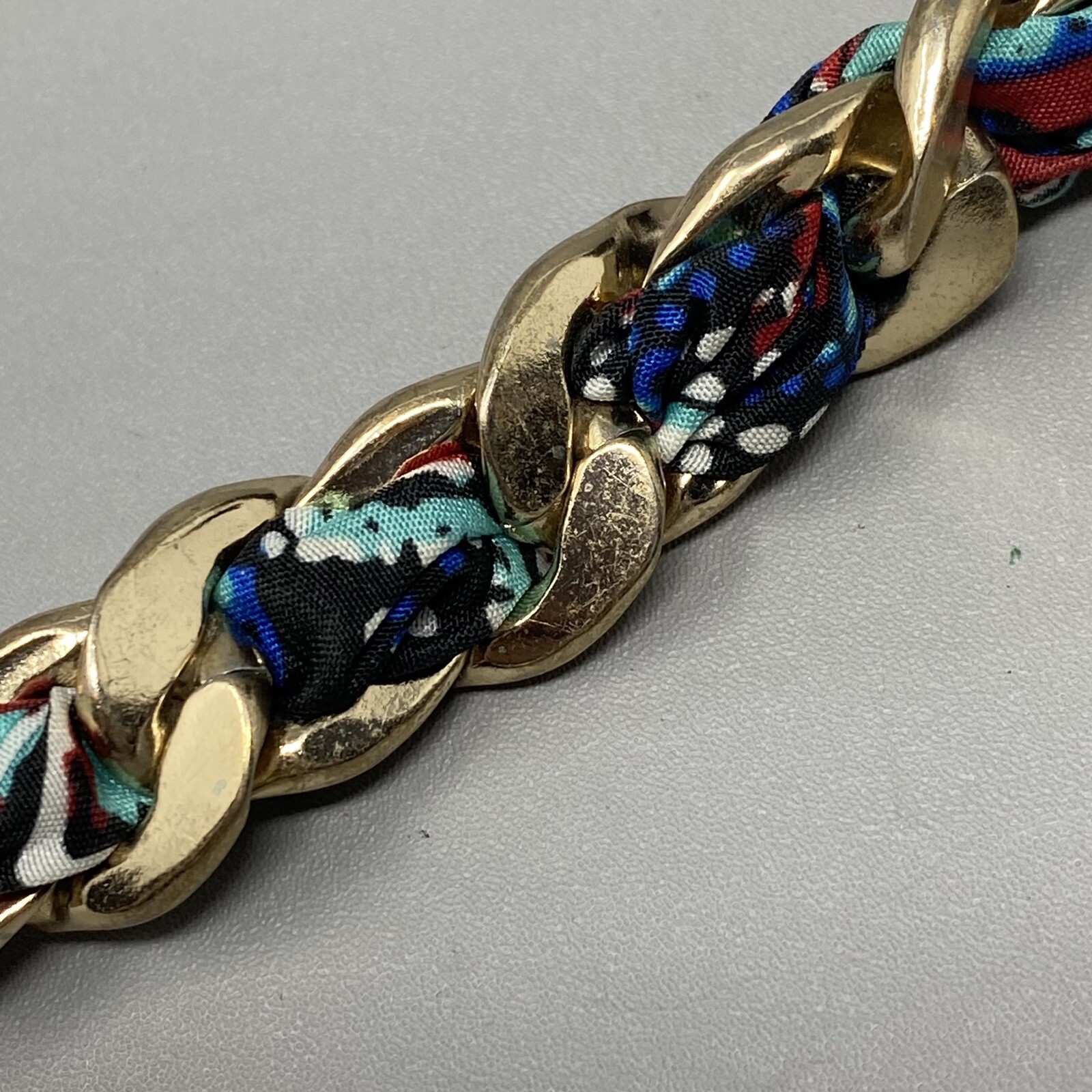 Chain Link Necklace Braided Multi Color Woven Fabric Multi Gold Tone Collar 19″