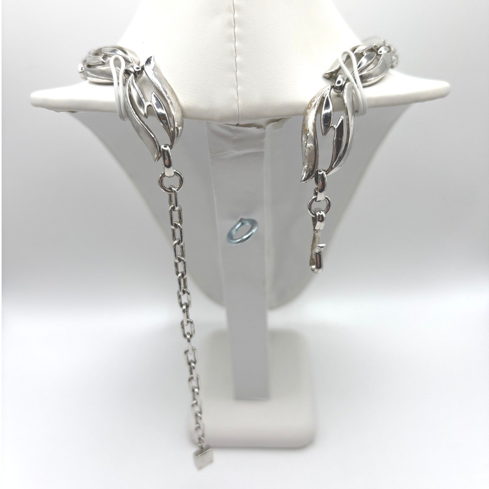 Vintage Silver Tone Leaf Link Choker Necklace MCM Adjustable J-Hook 15-17 Inch