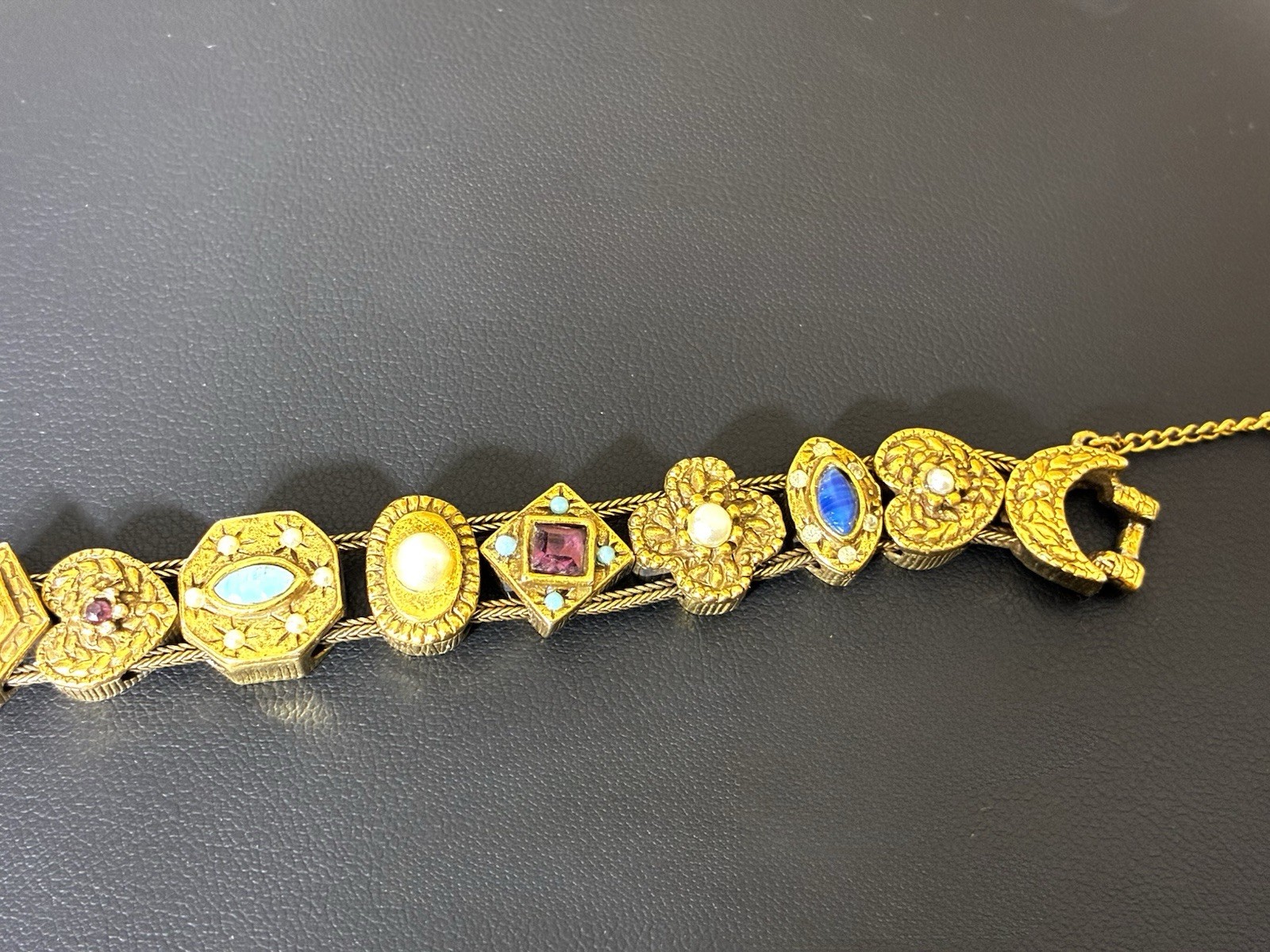 Vintage Victorian Revival Gold Tone Slide/Charm Bracelet, Attributed To Goldette