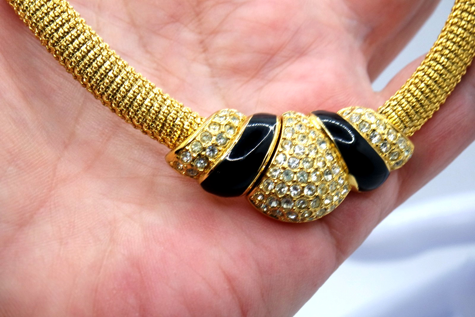 VINTAGE CHRISTIAN DIOR GOLD PLATE MESH METAL CHOKER NECKLACE RHINESTONE BLACK