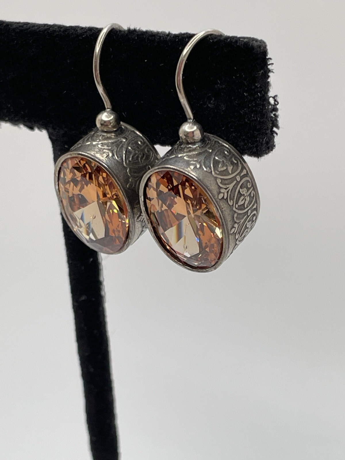 Vintage 925 Sterling Silver Dangle Drop Earrings Faceted Brownish Set Repousse
