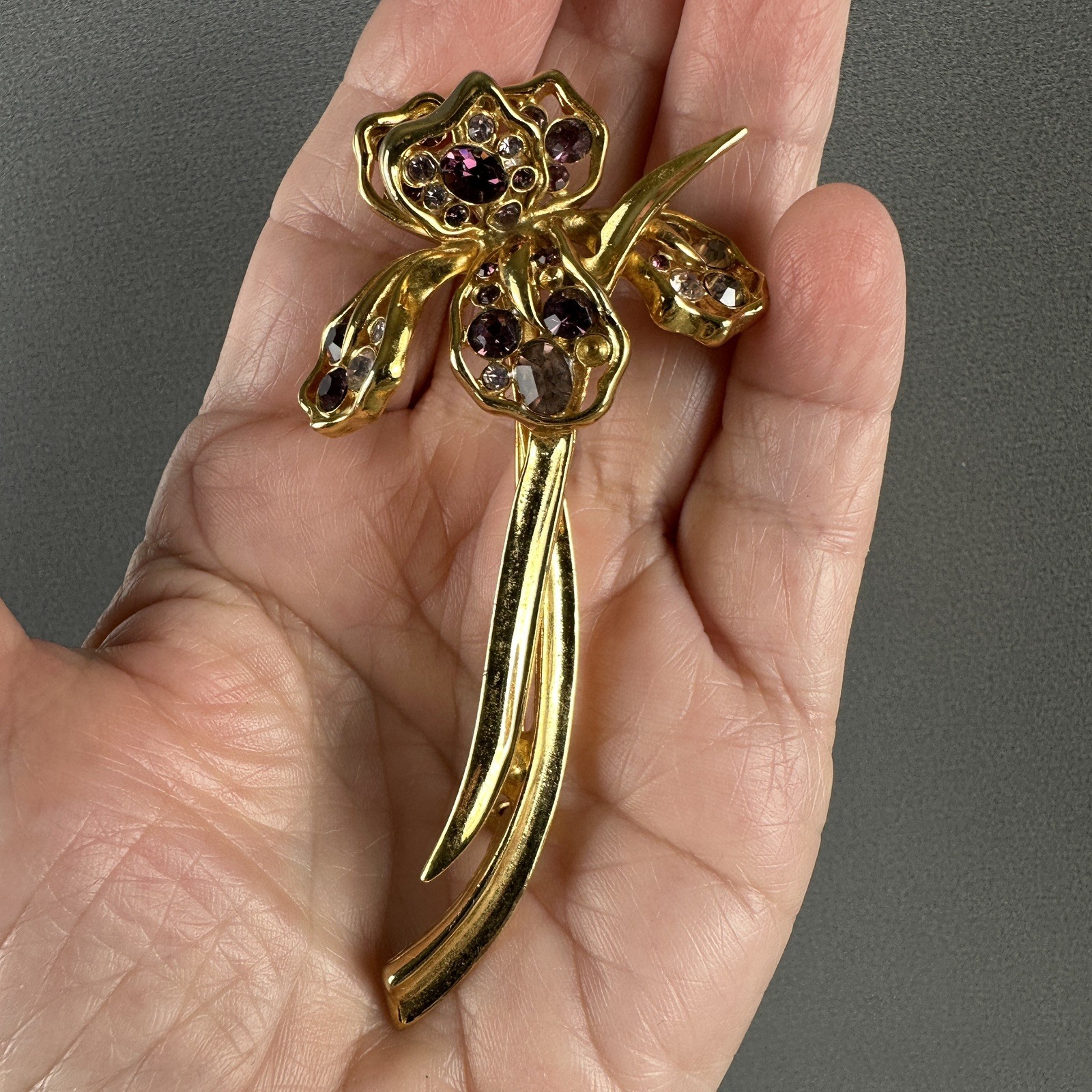 Vintage Flower Brooch Gold Tone Orchid Iris Purple Rhinestones 3.25″