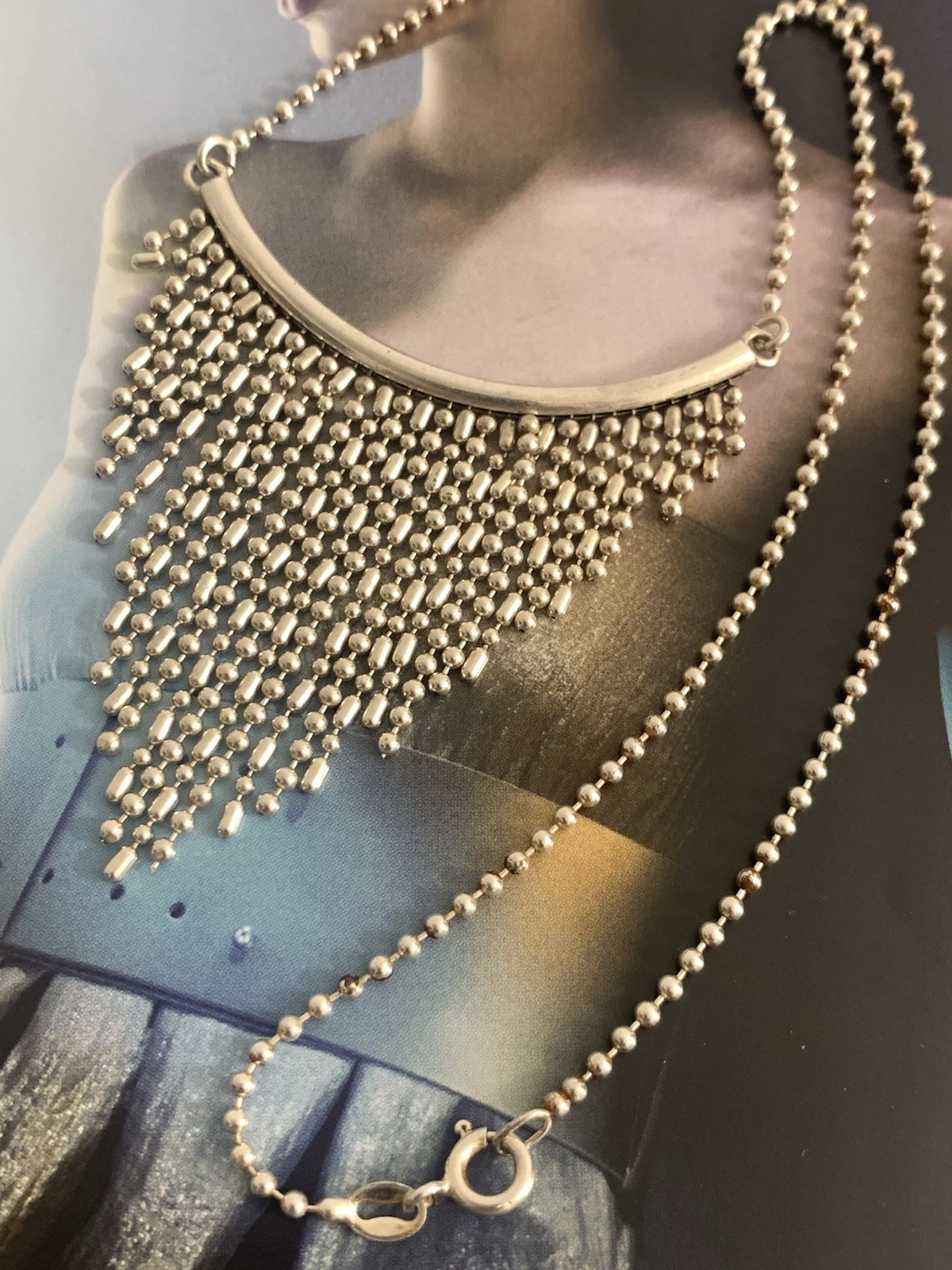 925 Sterling Silv Beaded Chain Cascading Fringe Bib Necklace Signed ATI Italy
