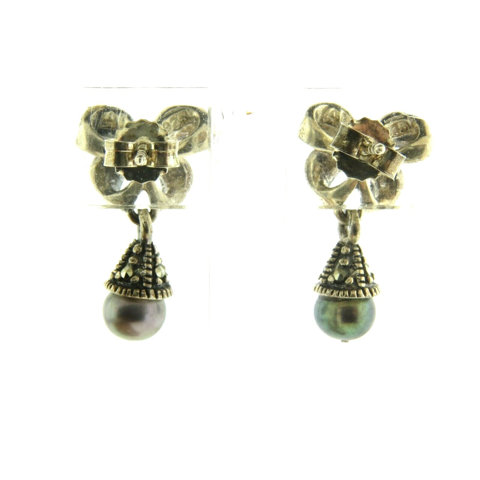 Vintage Sterling Silver Pearl & Marcasite Dangle Earrings .75″
