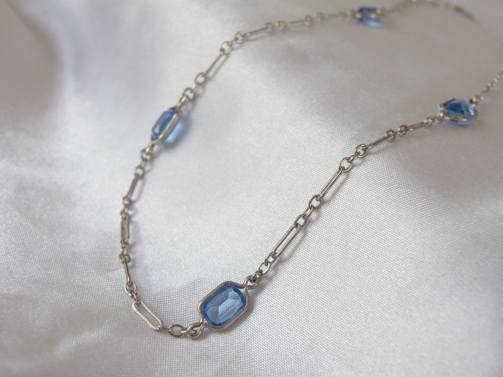 Antique Sterling Silver 925 Blue Gemstone Station Vintage Paperclip Necklace 25″