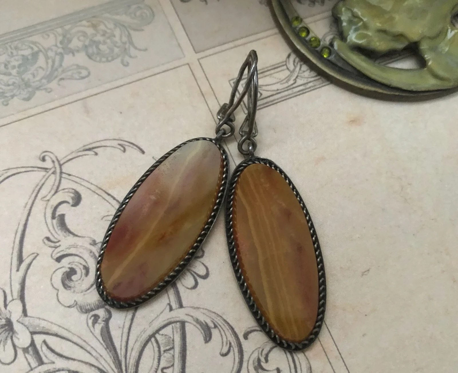 Estate Vintage Marquise Earrings Sterling Silver 875 Soviet Agate Stone USSR