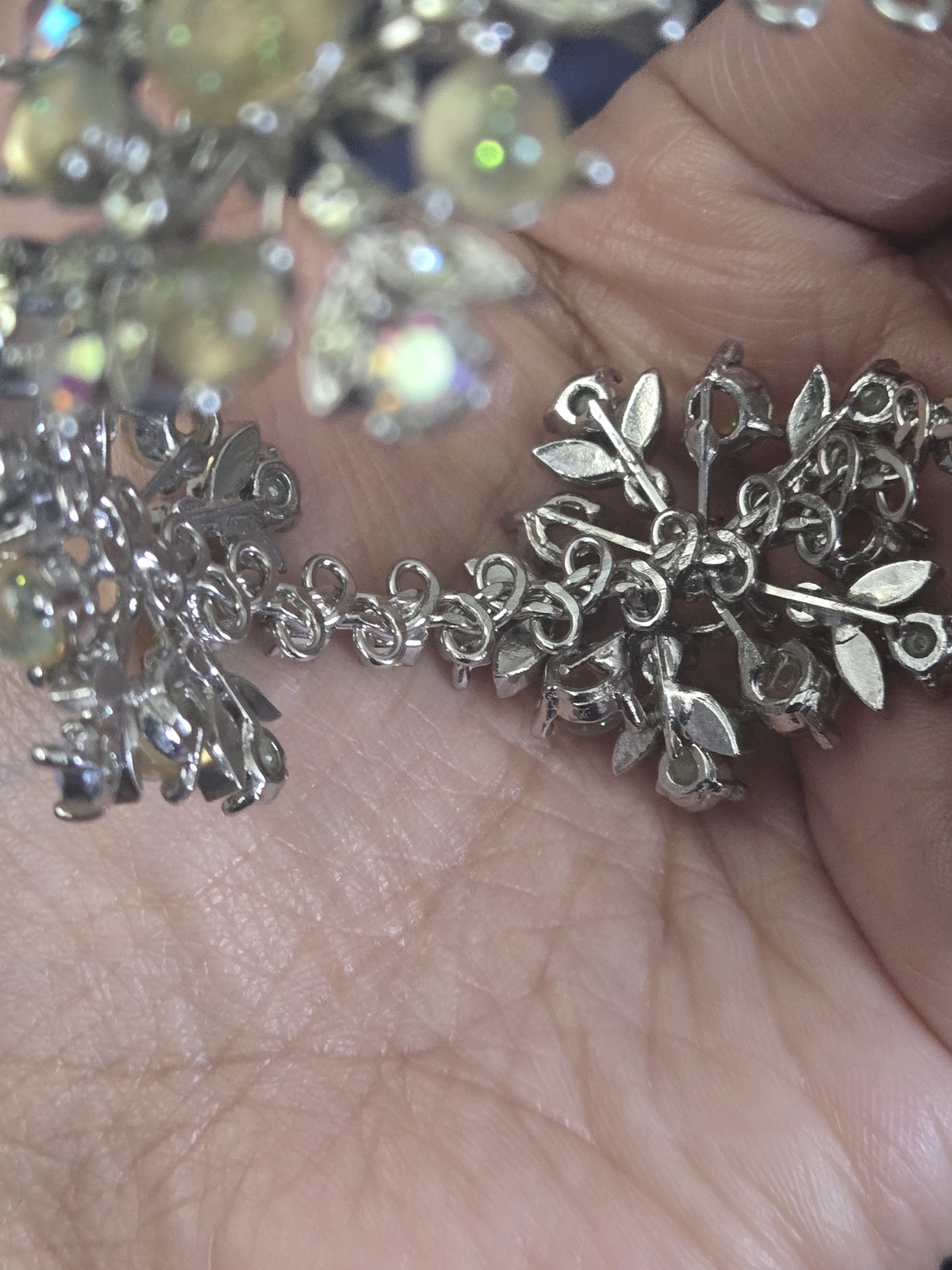 Vintage Tiara Misu Floral Cluster Link Bracelet Silver Tone AB Rhinestones