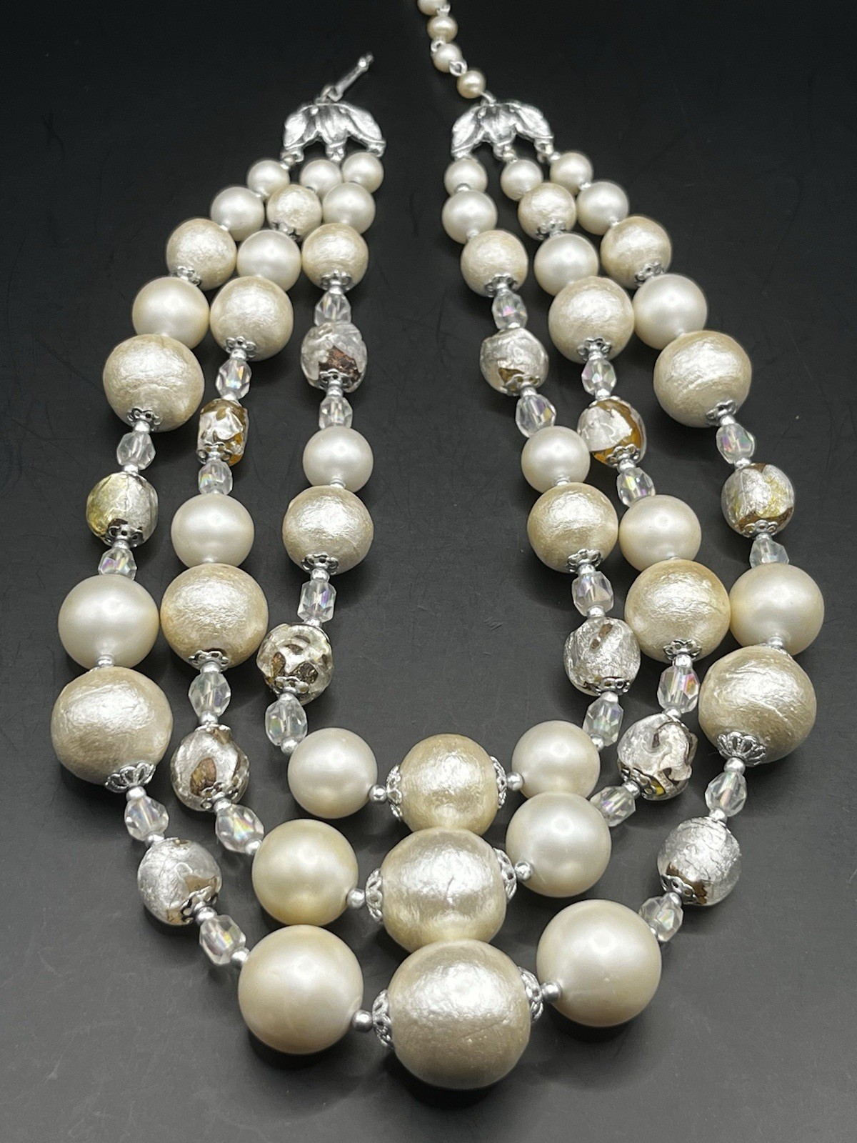 Vintage Japan Necklace Faux Pearls AB Beads Graduated Triple Strand *READ NOTES