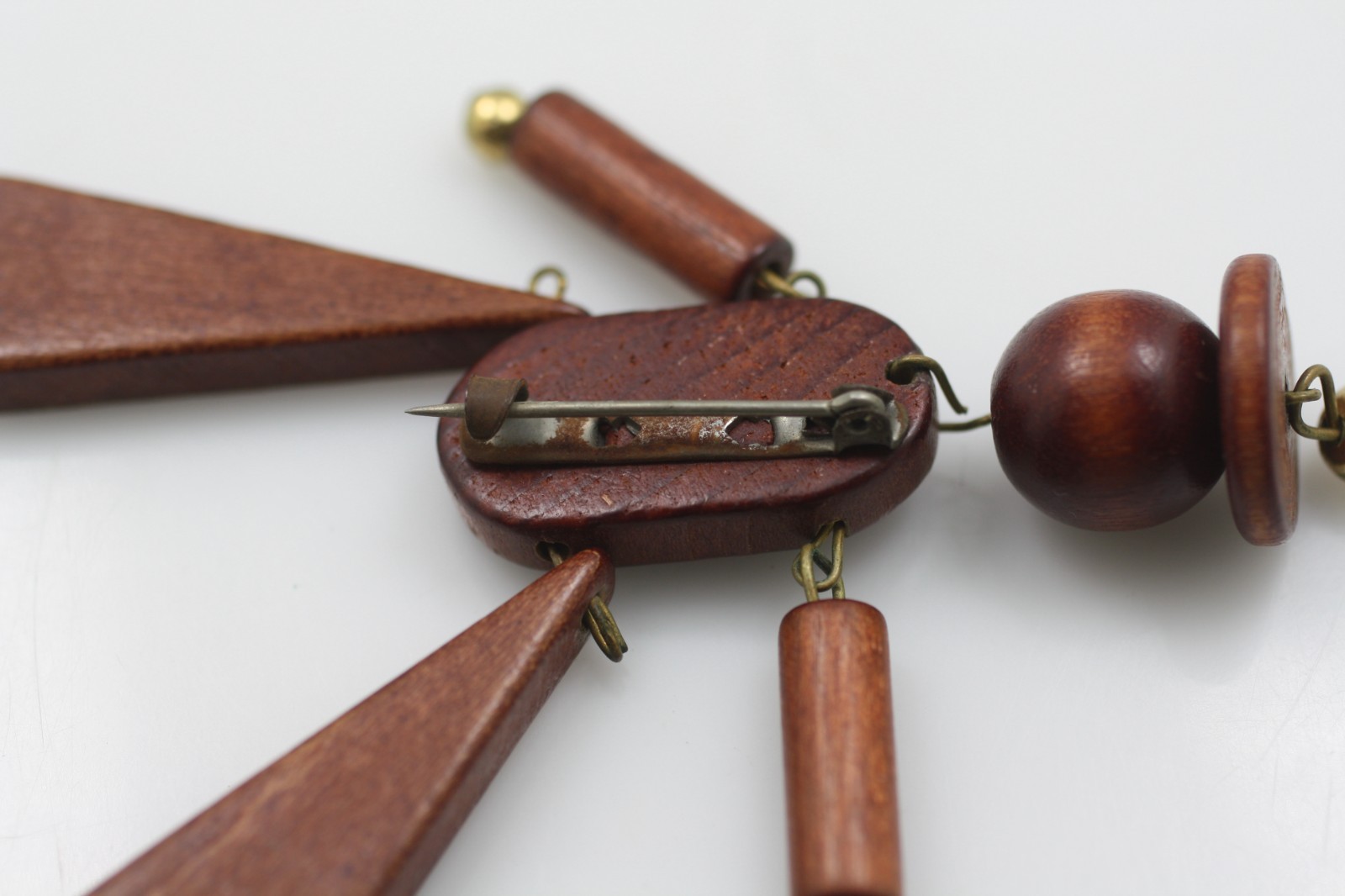 Vintage Wood Wooden Jointed figural man person brass bead Pin Brooch