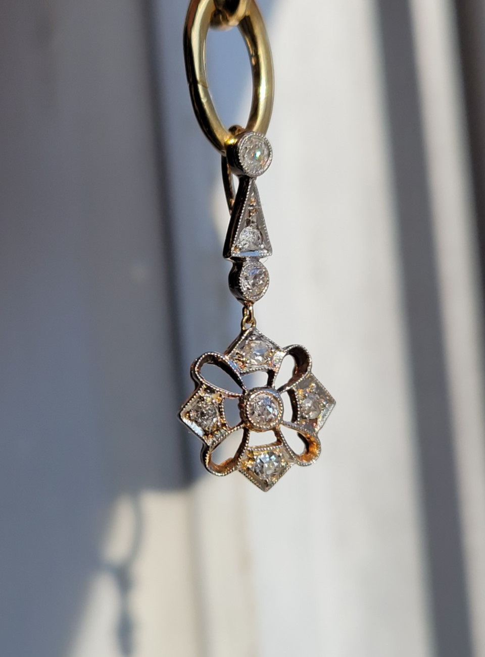Antique Edwardian 18K Old European Cut Diamond Pendant Platinum-Topped Snowflake