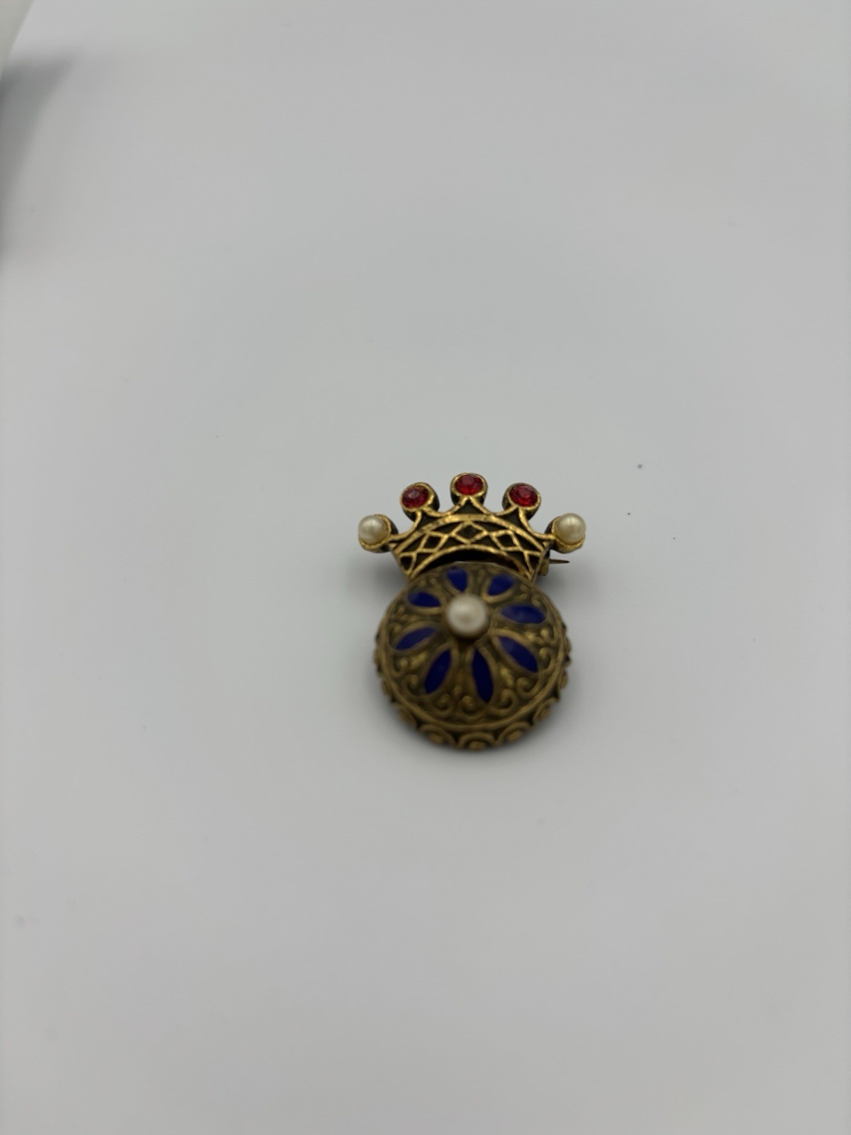 Vintage Crown Brooch with Pearl, Enamel & Gold Blue Red White Signed “Coro”
