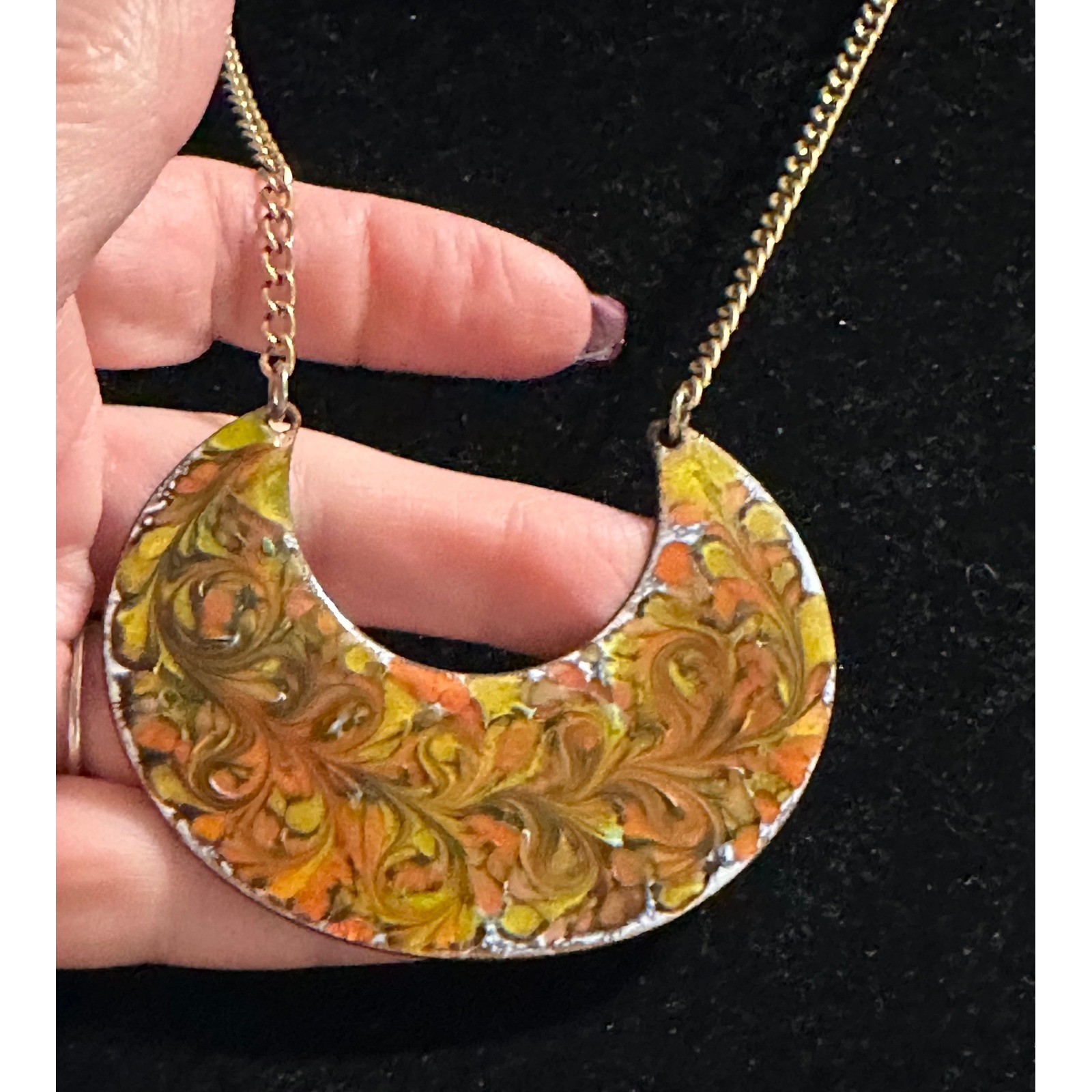 Vintage 1971 Enamel on Copper Necklace Orange Gold Swirl Paisley