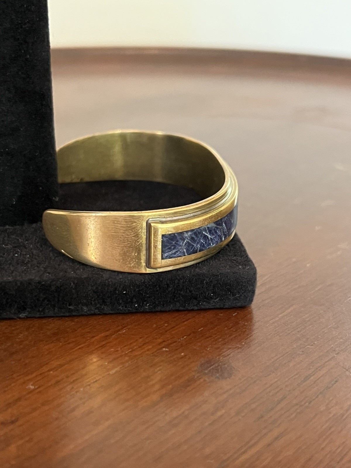 Vintage Brass Cuff Bracelet with Blue Stone Inlay MCM Small 5.5″