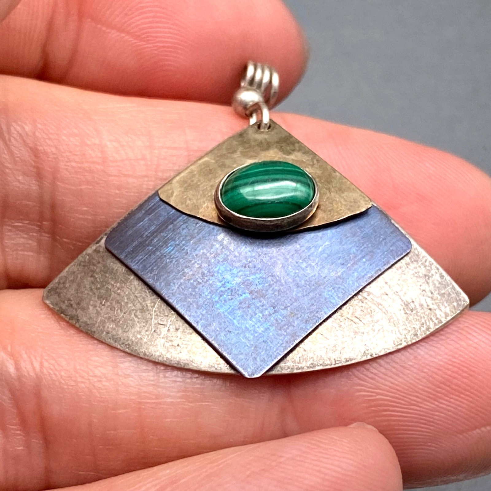 Vintage Modernist Malachite Sterling Silver Mixed Metal Dangle Pendant